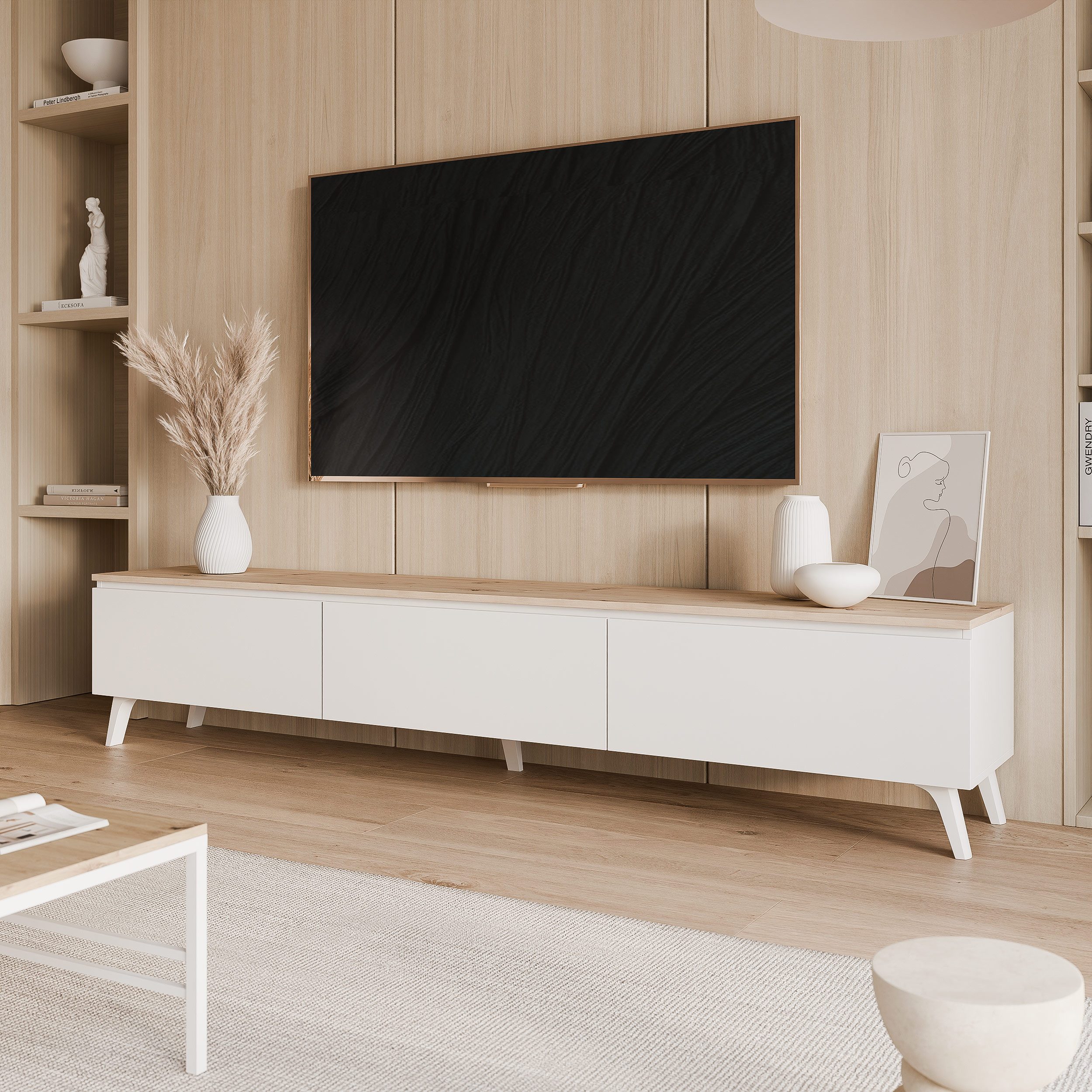 yourhouse24 Lowboard TV SELIA 200 in Weiß & Eiche auf Füßen – Skandinavischer Stil – Bild 3 von 5