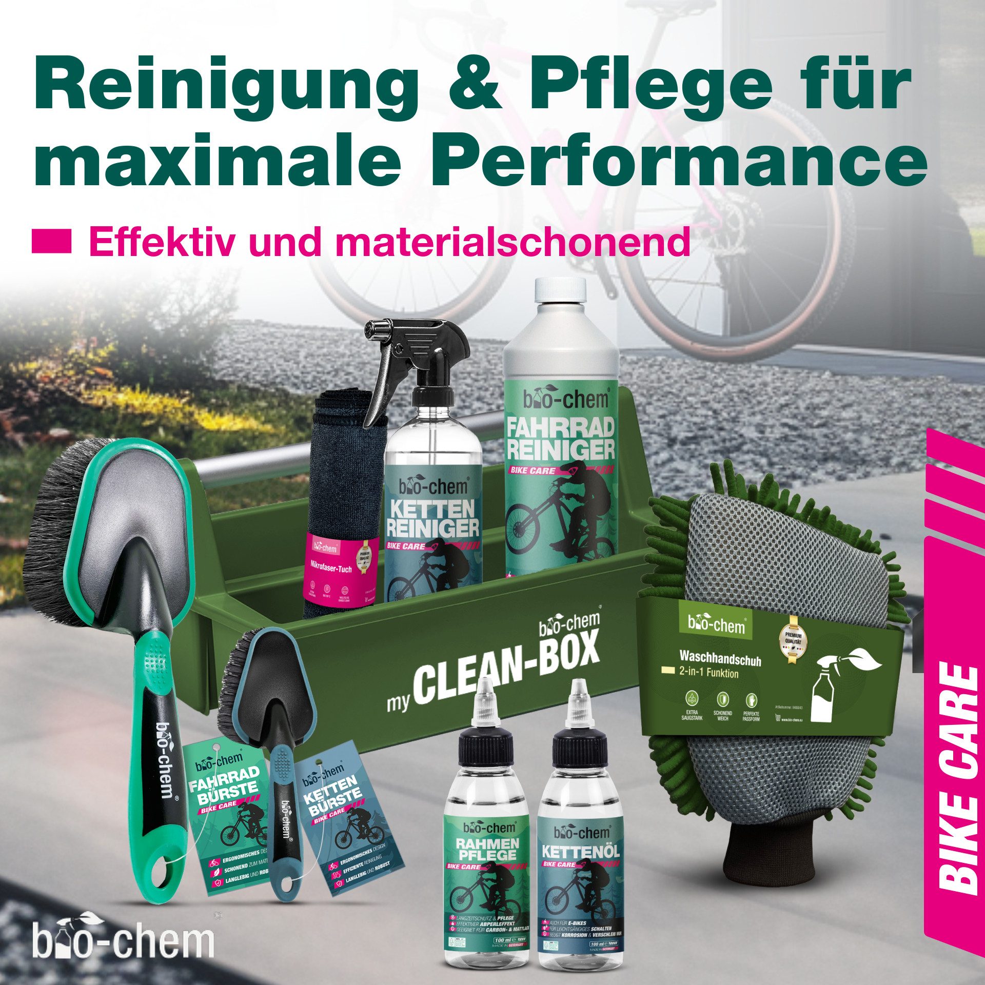 bio-chem Fahrrad Reinigungsset – 9-teilig - Reinigung und Pflege Zweiradreiniger (Sparpaket, [9-St. Fahrradpflege PREMIUM-SET 9-teilig 9-teiliges Reinigungsset für Fahrrad & E-Bike)
