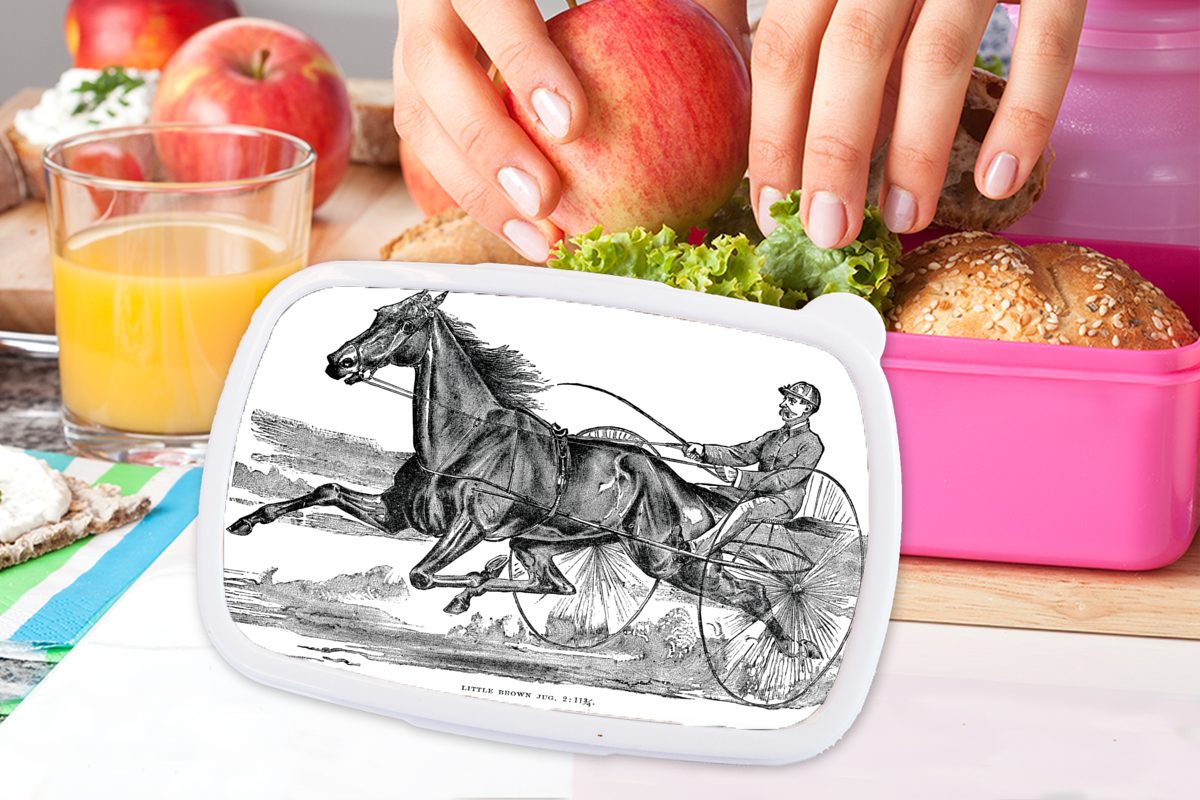 MuchoWow Lunchbox Eine Kunststoff Pferdes Mädchen, in rosa Illustration für Kinder, der Brotbox Brotdose (2-tlg), eines Kunststoff, Erwachsene, Snackbox, Trabrennbahn
