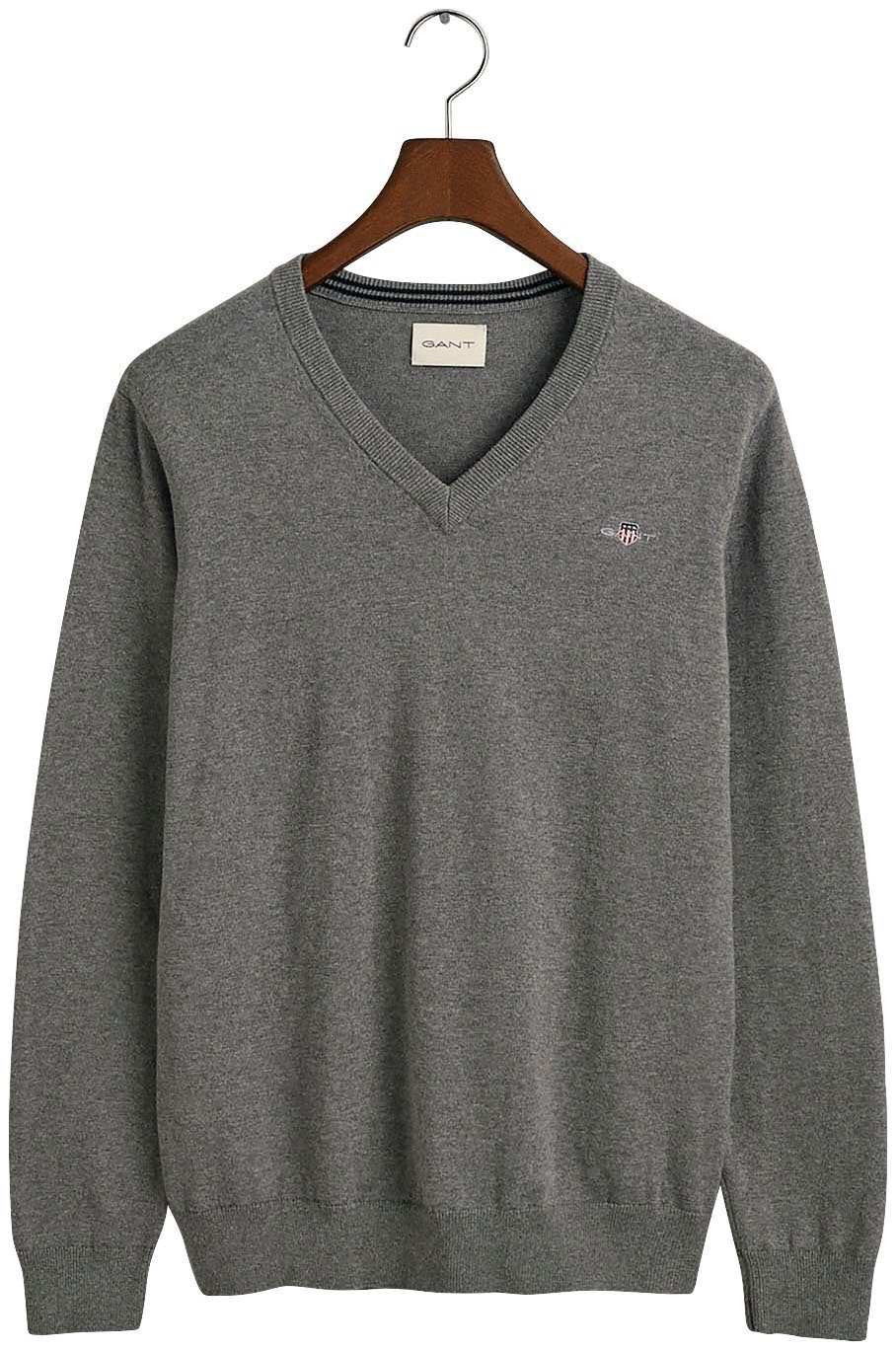 Gant V-Ausschnitt-Pullover Classic Cotton V-Neck Premium Strickjersey aus weicher 100% Baumwolle, Übergangspullover Dark grey melange