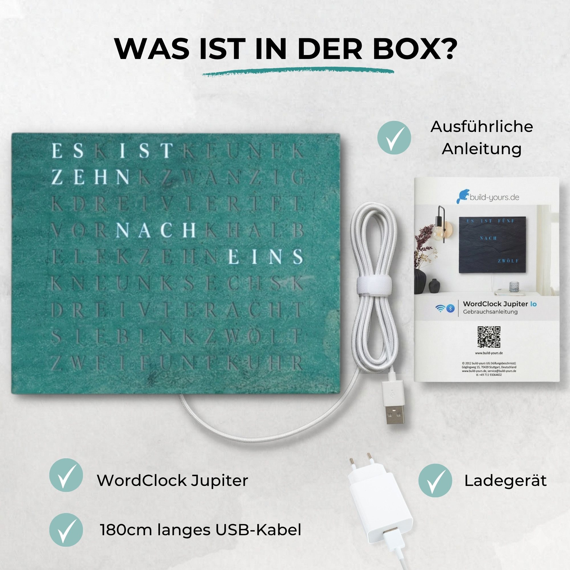 build-yours.de Wanduhr Wortuhr Jupiter in Deutsch - LED Wanduhr zum Aufhängen & Hinstellen (Elegante WordClock aus Stuttgart)