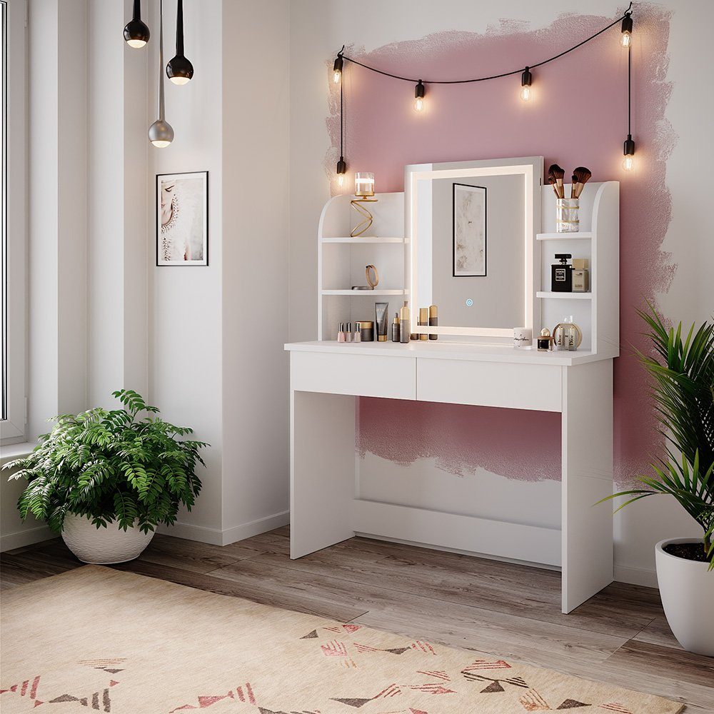 Vicco Schminktisch Charlotte, Weiß, 108 cm mit LED-Spiegel günstig online kaufen