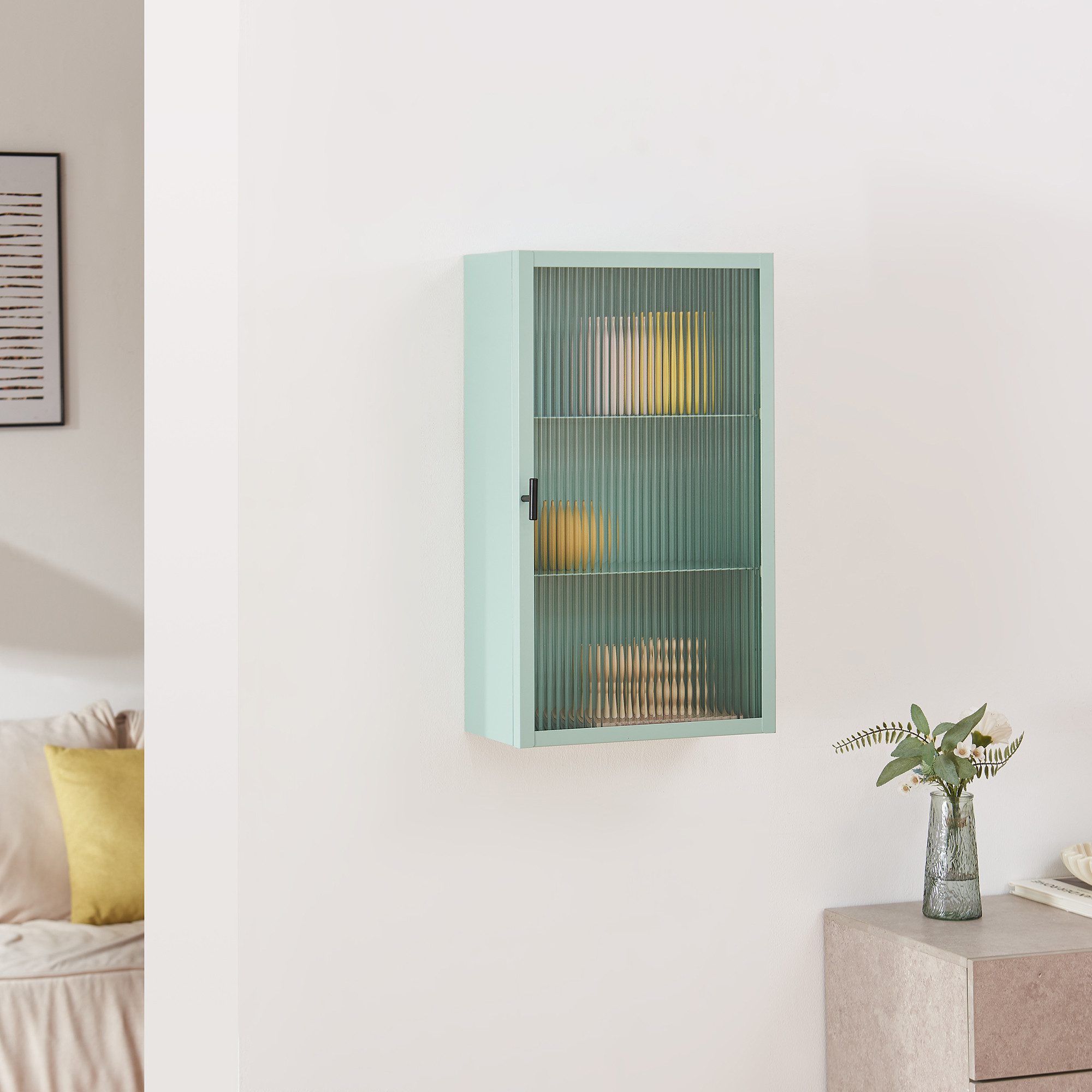 en.casa Hängeschrank »Zundert« 60 x 35 x 15 cm mit geriffelter Glastür Stahl Mintgrün – Bild 2 von 5