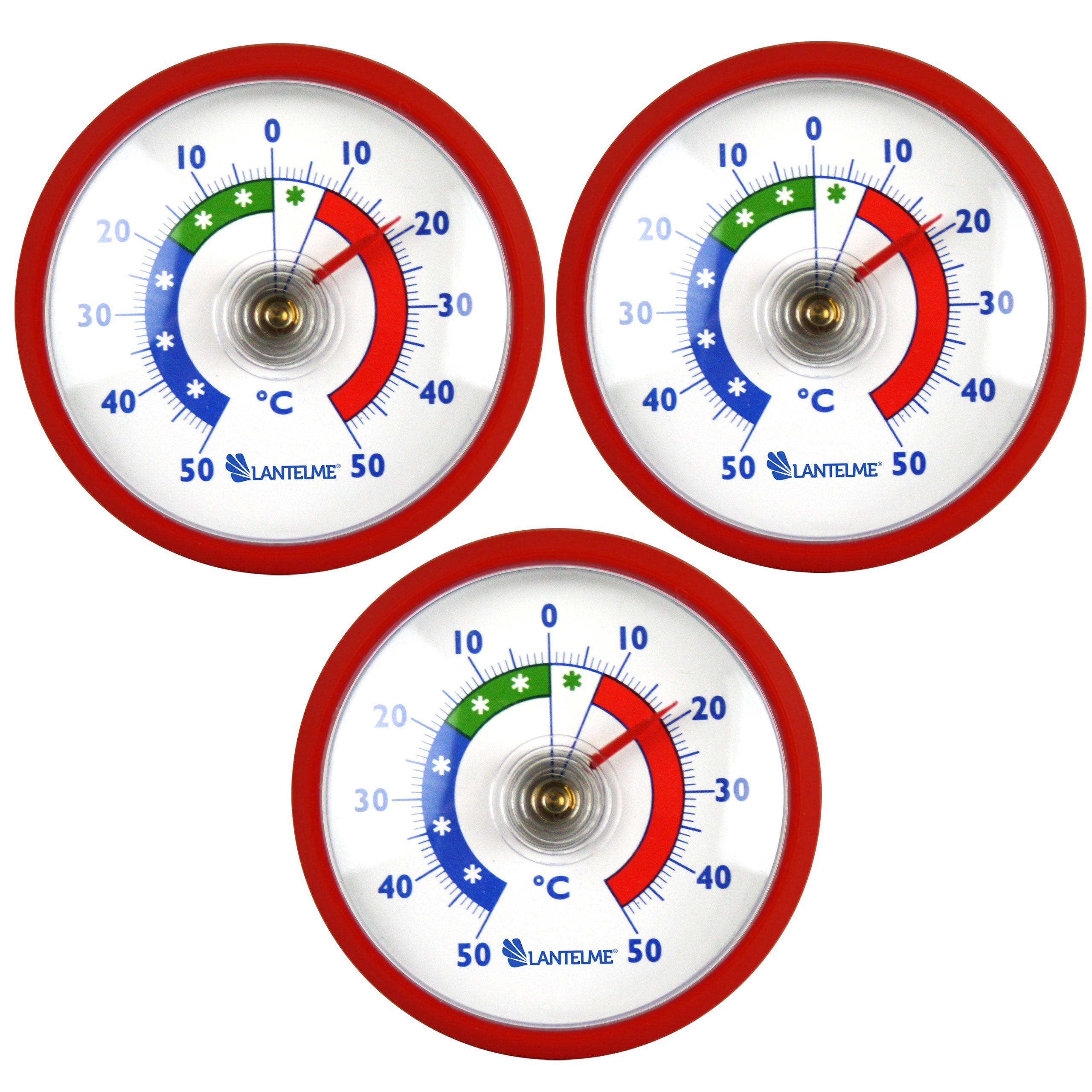 Lantelme Kühlschrankthermometer 3 Stück Set Gefrierschrank Kühlschrank Thermometer Selbstklebend, 3-tlg., Deutsche Herstellung 3 Stück im Set, Mit Klebepad anbei, Temperaturanzeige + - 50°C Analog