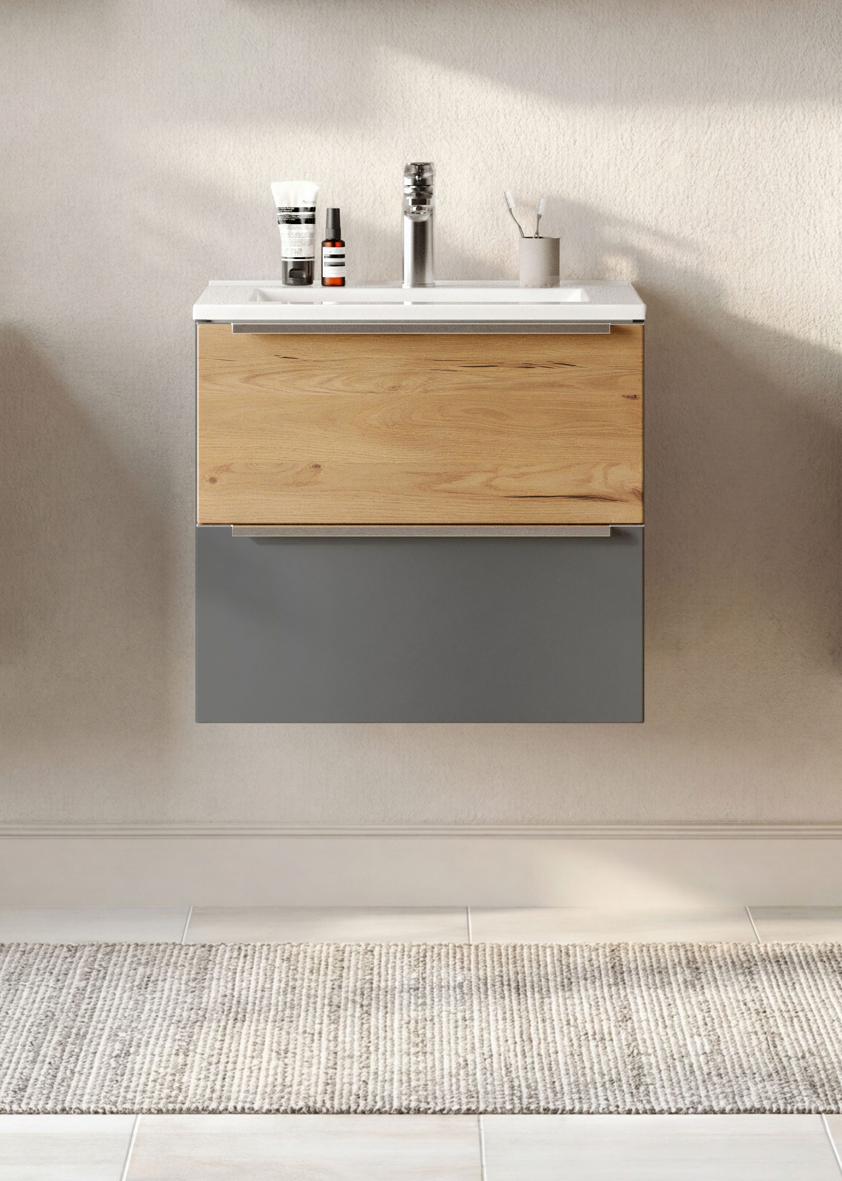 welltime Waschtisch TRIENT, Softclose-Auszüge, Mineralgussbecken (Maße (B/H/T): ca. 60/54/47 cm), matt onyx-grey/wildeiche, Mineralgussbecken