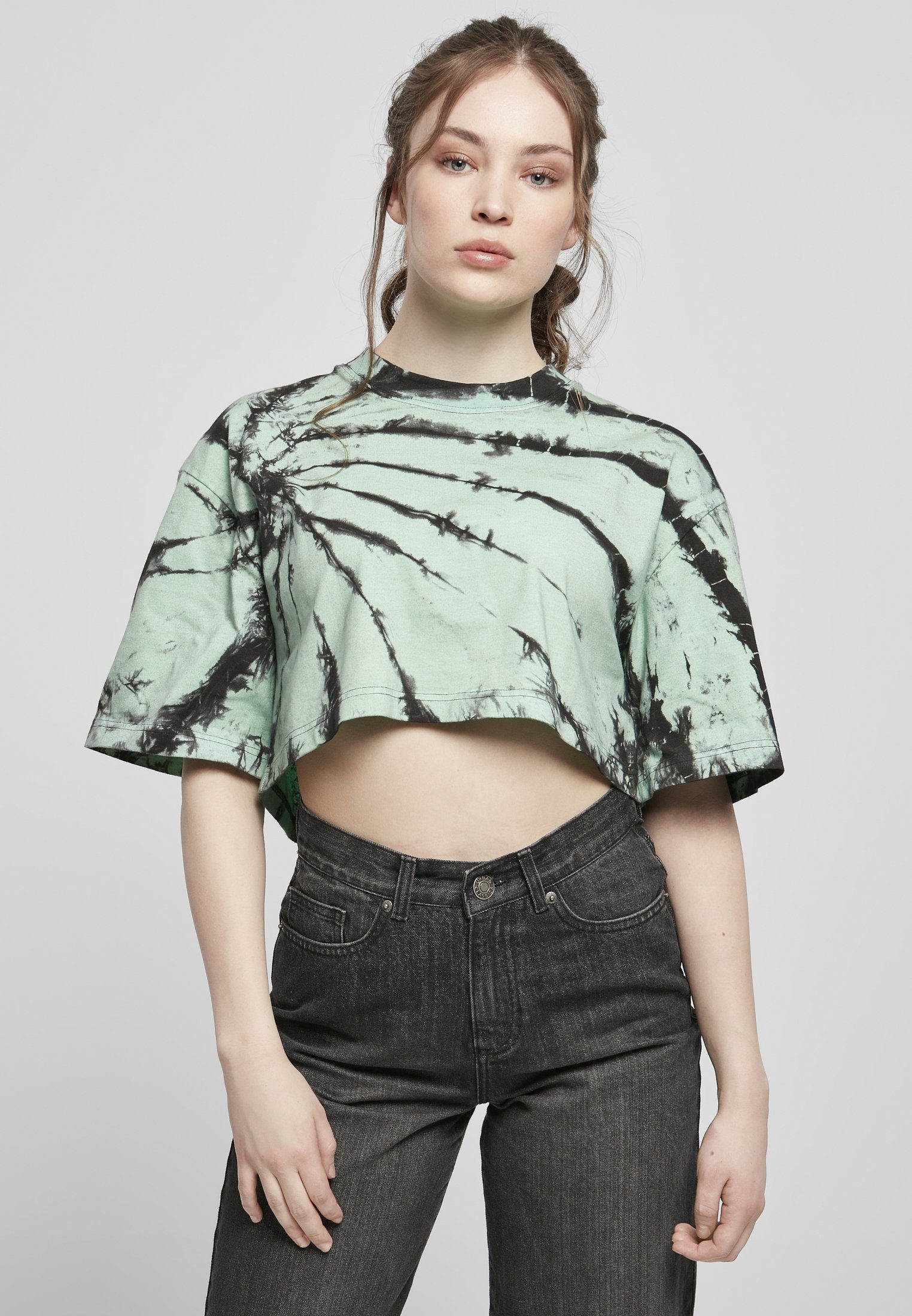 URBAN CLASSICS black/ghostgreen Dye (1-tlg) Kurzarmshirt Ladies Oversized Cropped Tee Tie Damen