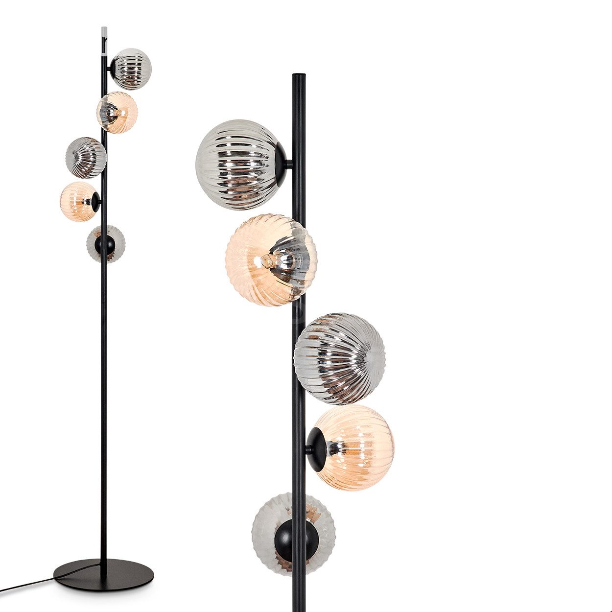 Stehlampe Stehlampe aus Metall/Riffelglas in Schwarz/Rauch/Bernstein