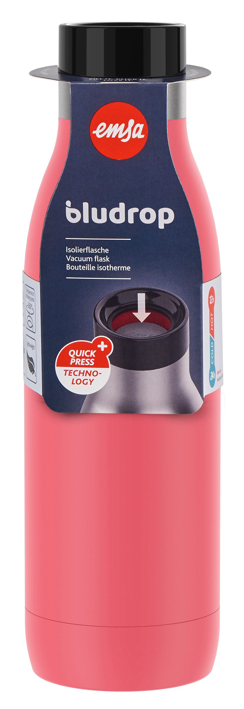 Emsa Isolierflasche Trinkflasche Bludrop, Edelstahl, Quick-Press Deckel, 360° Trinkgenuss, 12h warm/24h kühl