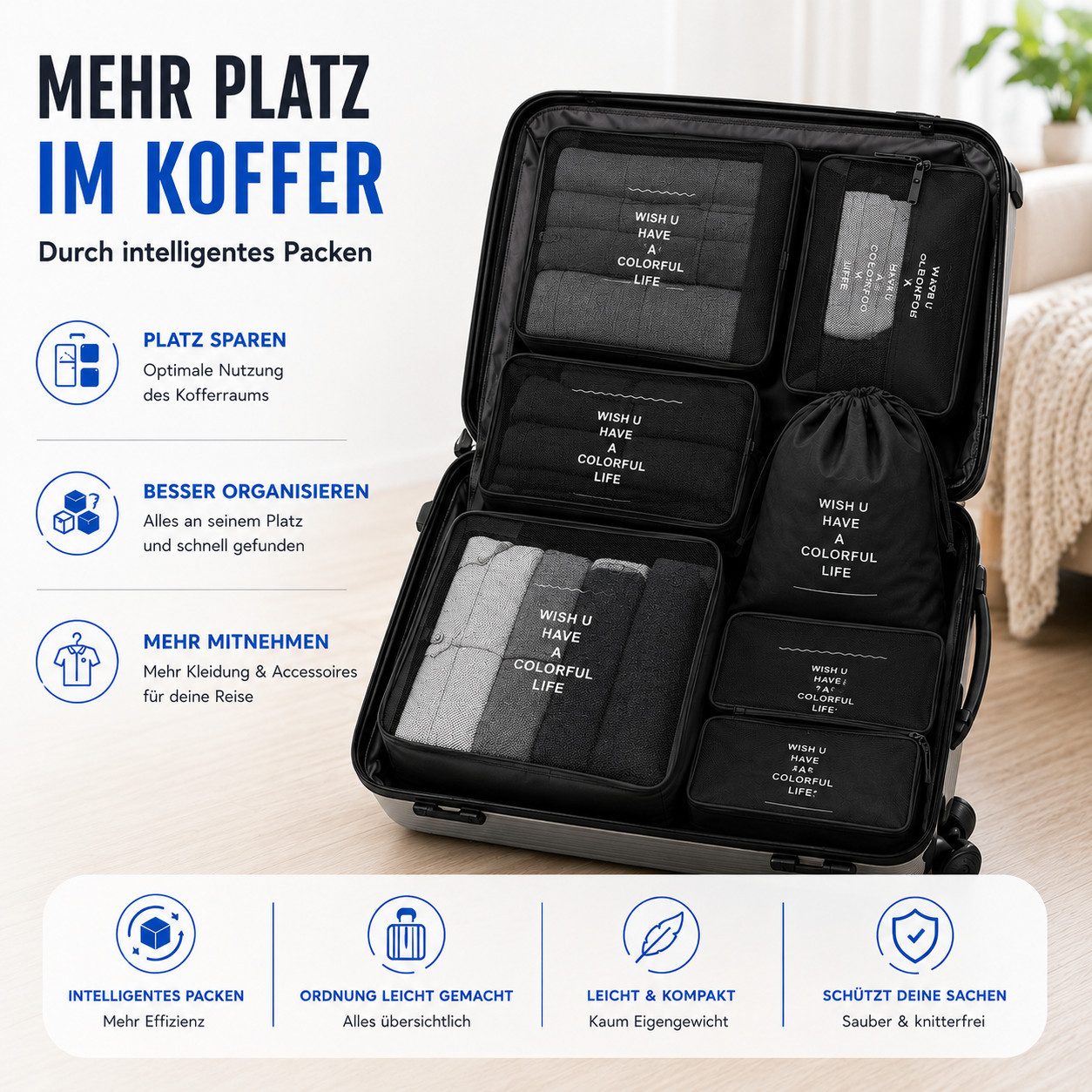 TK Gruppe Kofferorganizer Koffer Organizer 8er – Kofferorganizer Packtaschen Packwürfel Reisen (Set, 8er Set)