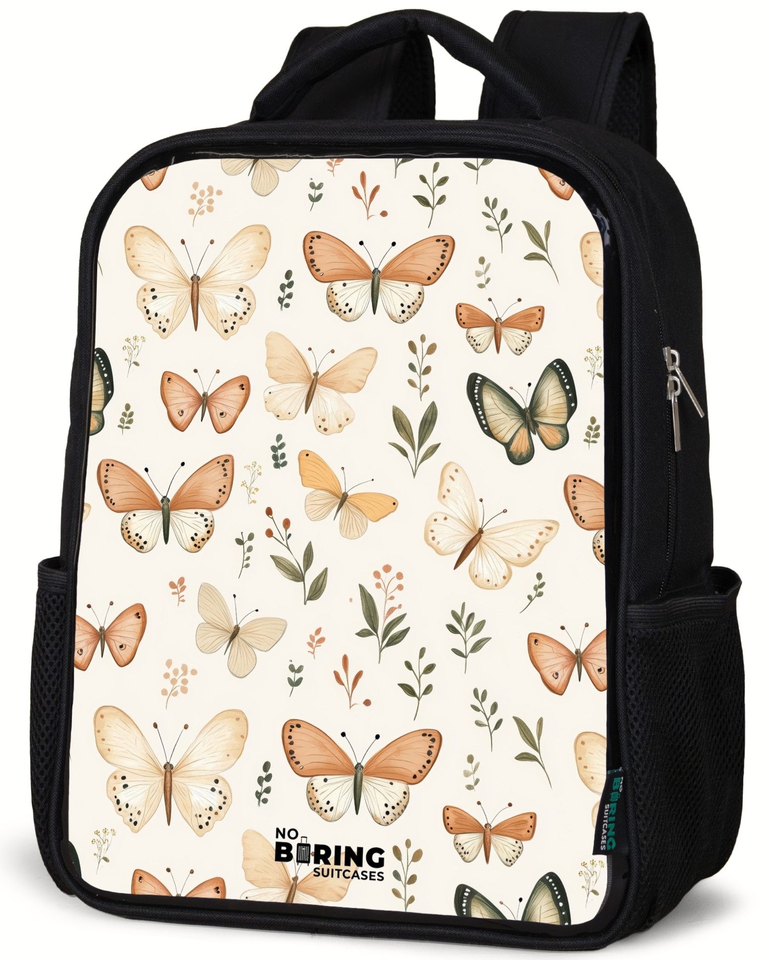 Rucksack Schmetterlinge in Beige- und Orangetönen zwischen grünen Blättern