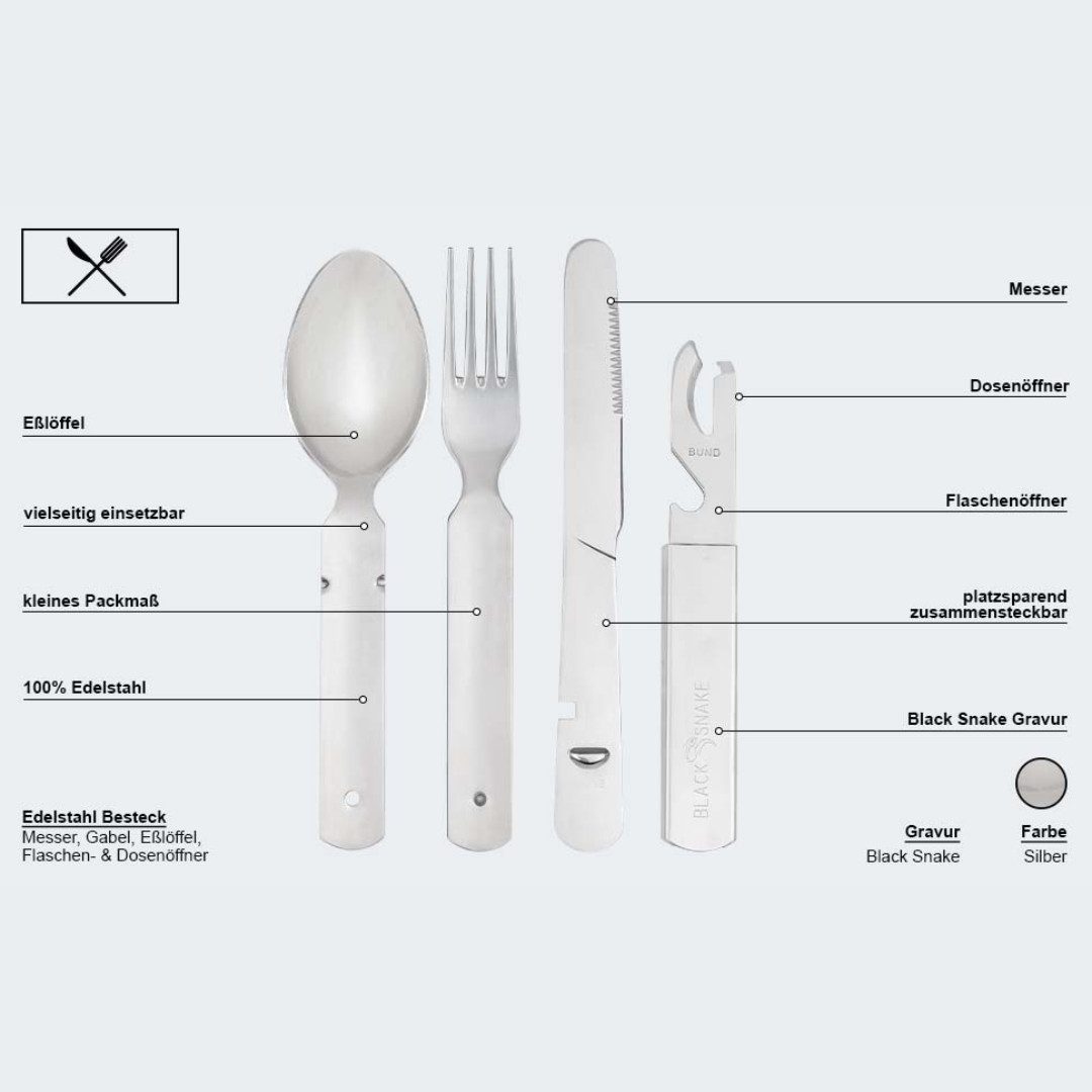 Black Snake Besteck-Set Camping Essbesteck 4-teilig - Edelstahl Besteck Set (4-tlg), 1 Personen, Edelstahl, Robust, kompakt & zusammensteckbar!