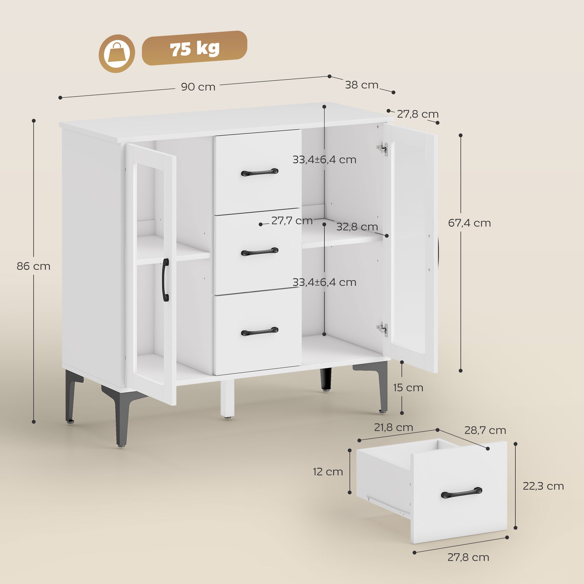 HOMCOM Sideboard mit 3 Schubladen, 2 Glastüren, verstellbaren Regalen (Modern Schubladenschrank, 1 St., Kommode), mit Soft-Close-Scharnieren, für Wohnzimmer Esszimmer Flur, Weiß