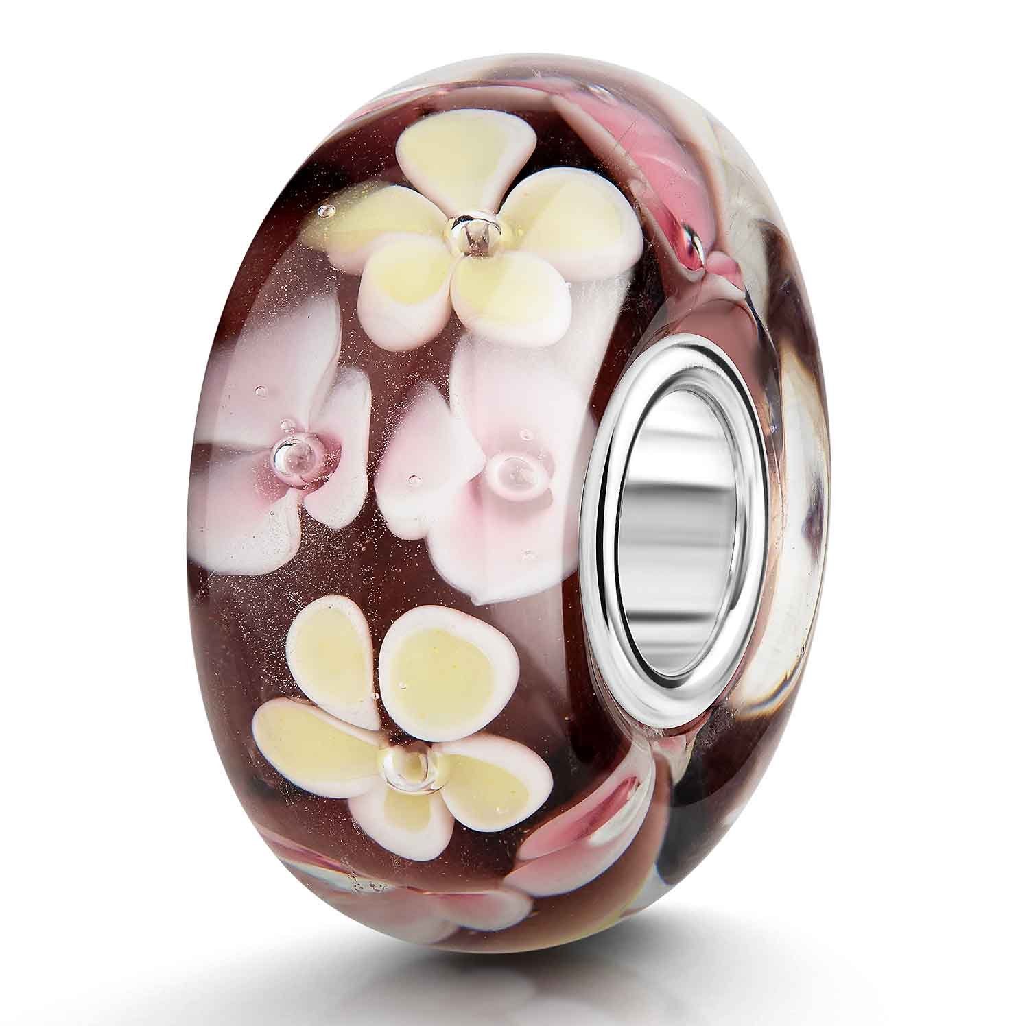 Materia Bead Glasperle Blumen / Blüten Gelb Rosa 470, Kern aus 925 Sterling Silber