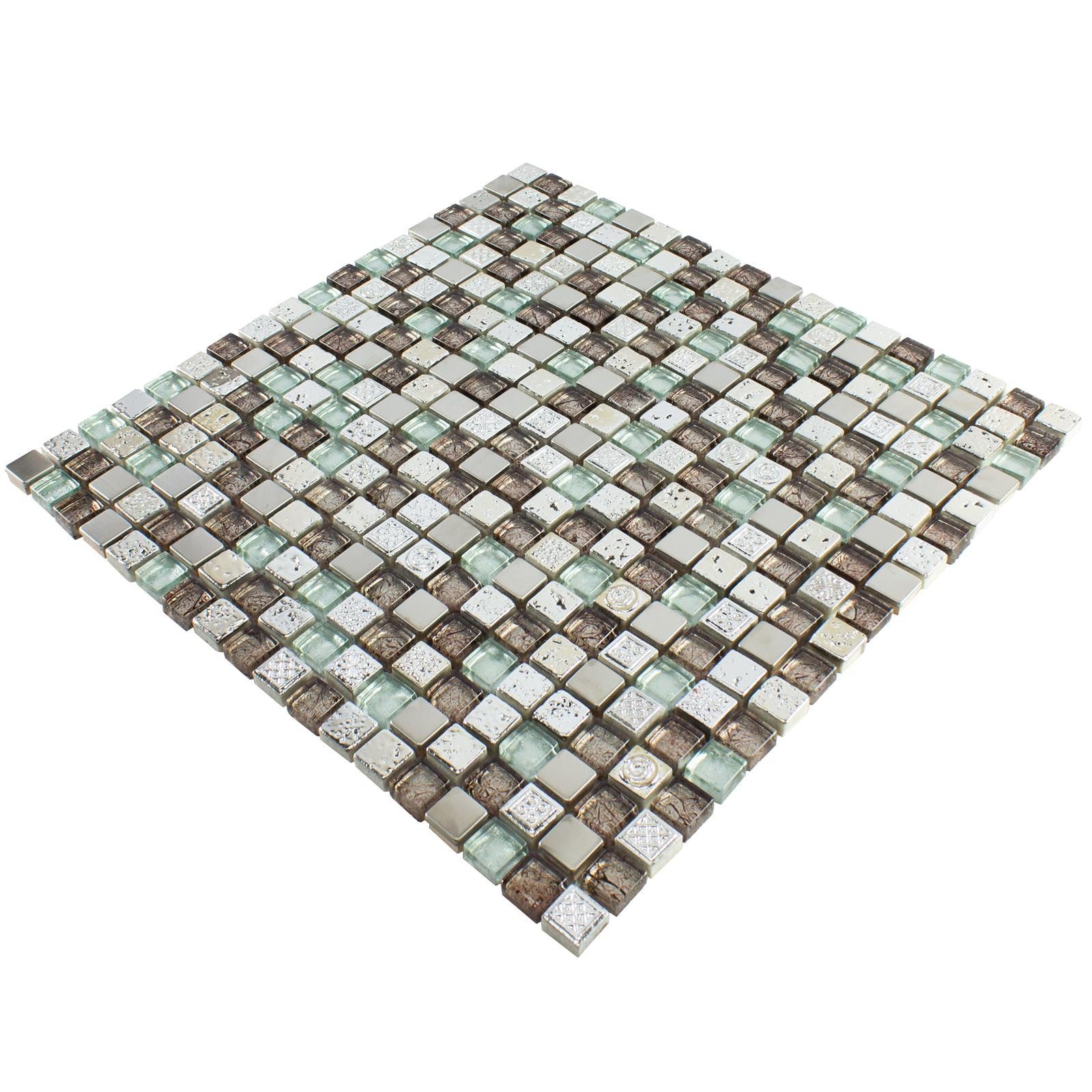 Mosafil Mosaikfliesen Glas Resin Metall Mosaikfliese Falco Braun Silber, Naturstein-Resin-Glas-Metall-Edelstahl 30.000x30.000, braun-silber, Verlegefertig auf ein Netz geklebt