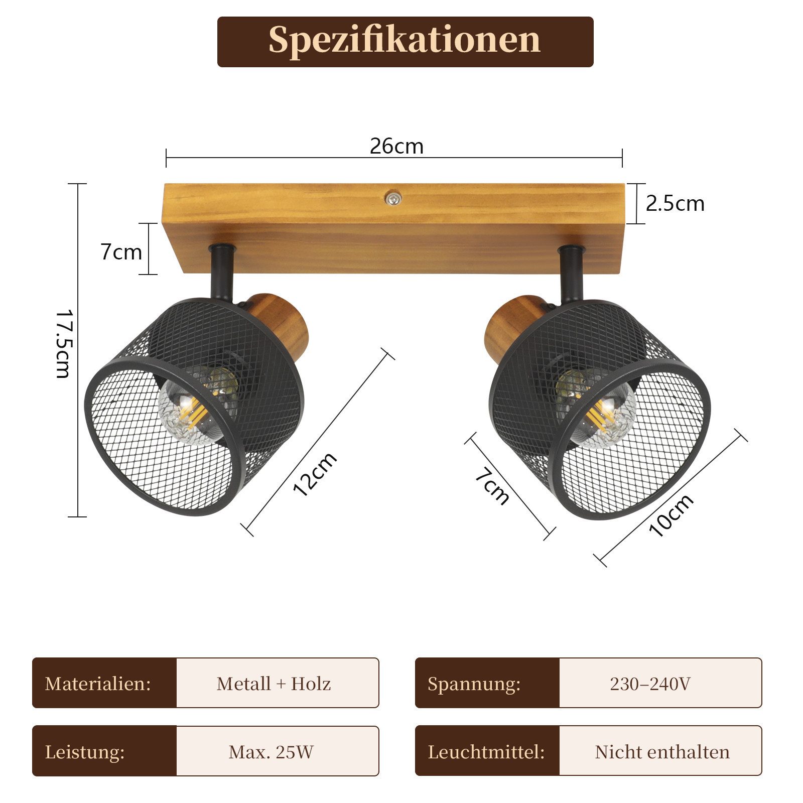 ZMH Deckenstrahler Vintage Schwarz Spots 1/2/3/4 Flammig Metall Deckenlampe, E14(ohne Leuchtmittel), ohne Leuchtmittel, 2 Flammig Deckenleuchte Flur aus Holz St – Bild 3 von 5