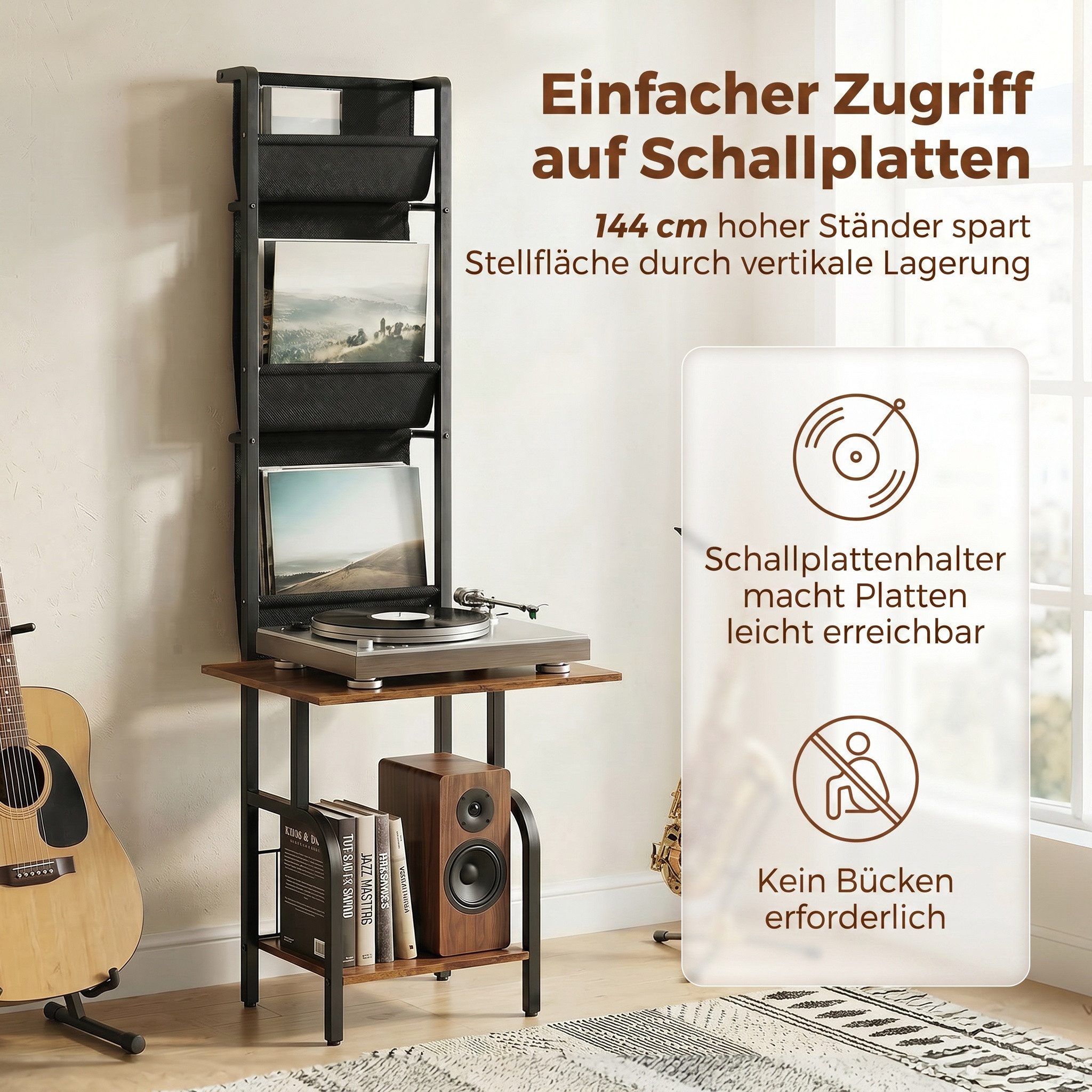 HOMCOM CD-Regal Plattenspieler Schallplatten Aufbewahrung mit 3 Stofftaschen, DVD Regal 1-tlg., Medienregal mit Tischplatte, Kippsicherung, stabil. – Bild 5 von 5