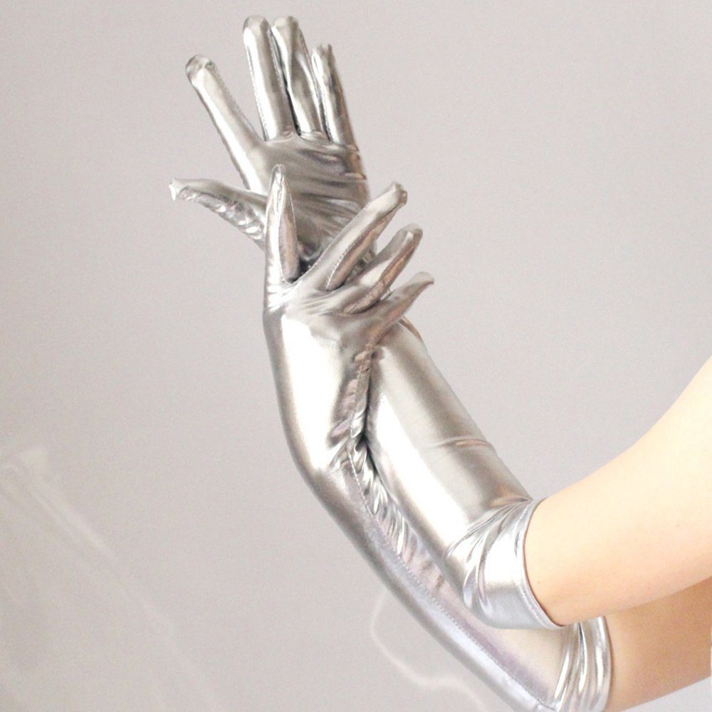 Blusmart Abendhandschuhe Lange Retro-Handschuhe In Lederoptik Für Damen,Abendhandschuhe Silber