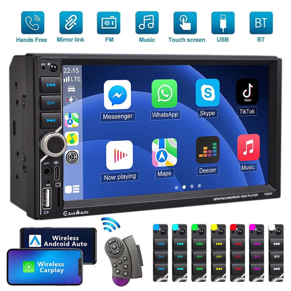 7" Wireless Carplay Android Auto Bluetooth USB AUX Doppel 2 DIN Autoradio