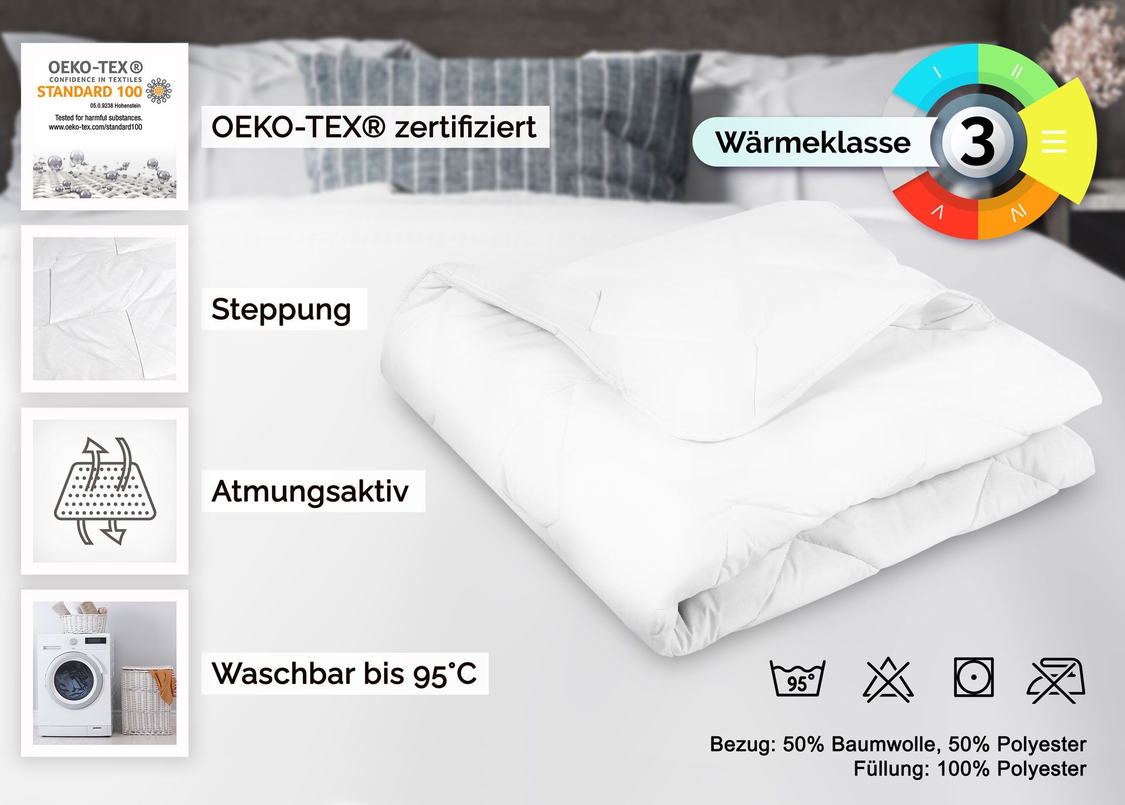 Microfaserbettdecke, ZOLLNER, Füllung: 100% Polyester, Bezug: 50% Polyester  50% Baumwolle, 135 x 200 cm, vom Hotelwäschespezialisten, Füllung aus 100%  silikonisierten Polyesterhohlfasern