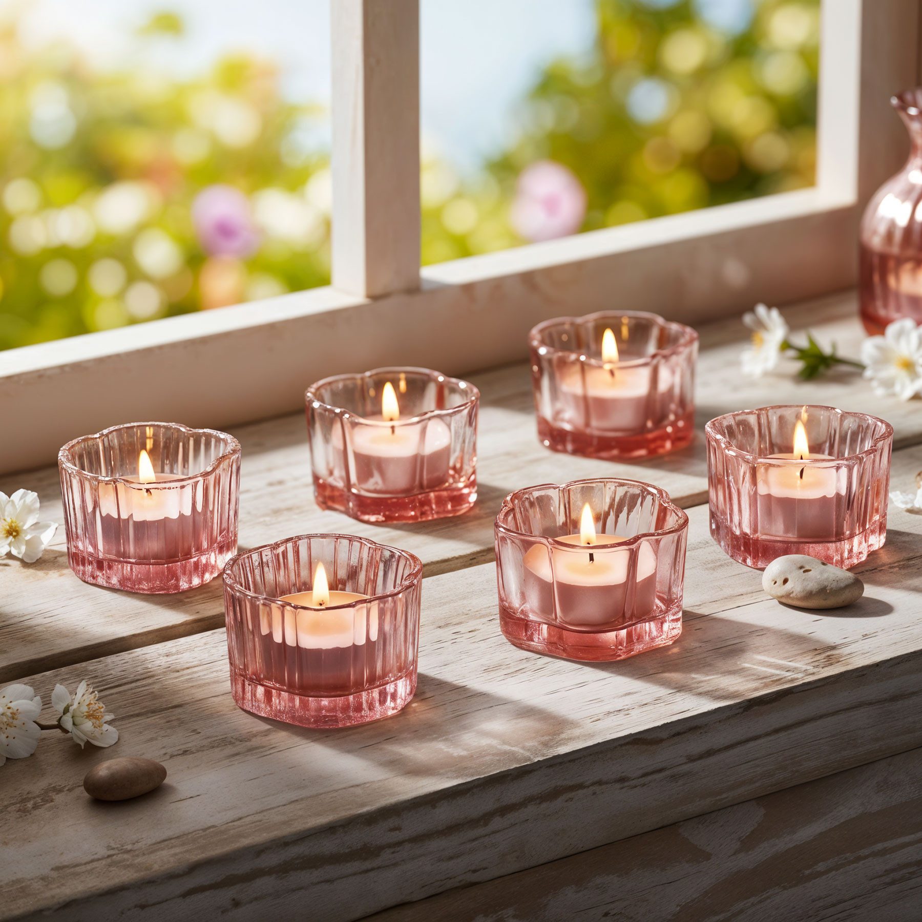 Levandeo® Teelichthalter, 6er Set Teelichthalter Blume Rosa Kerzenhalter Frühling Kerzenglas