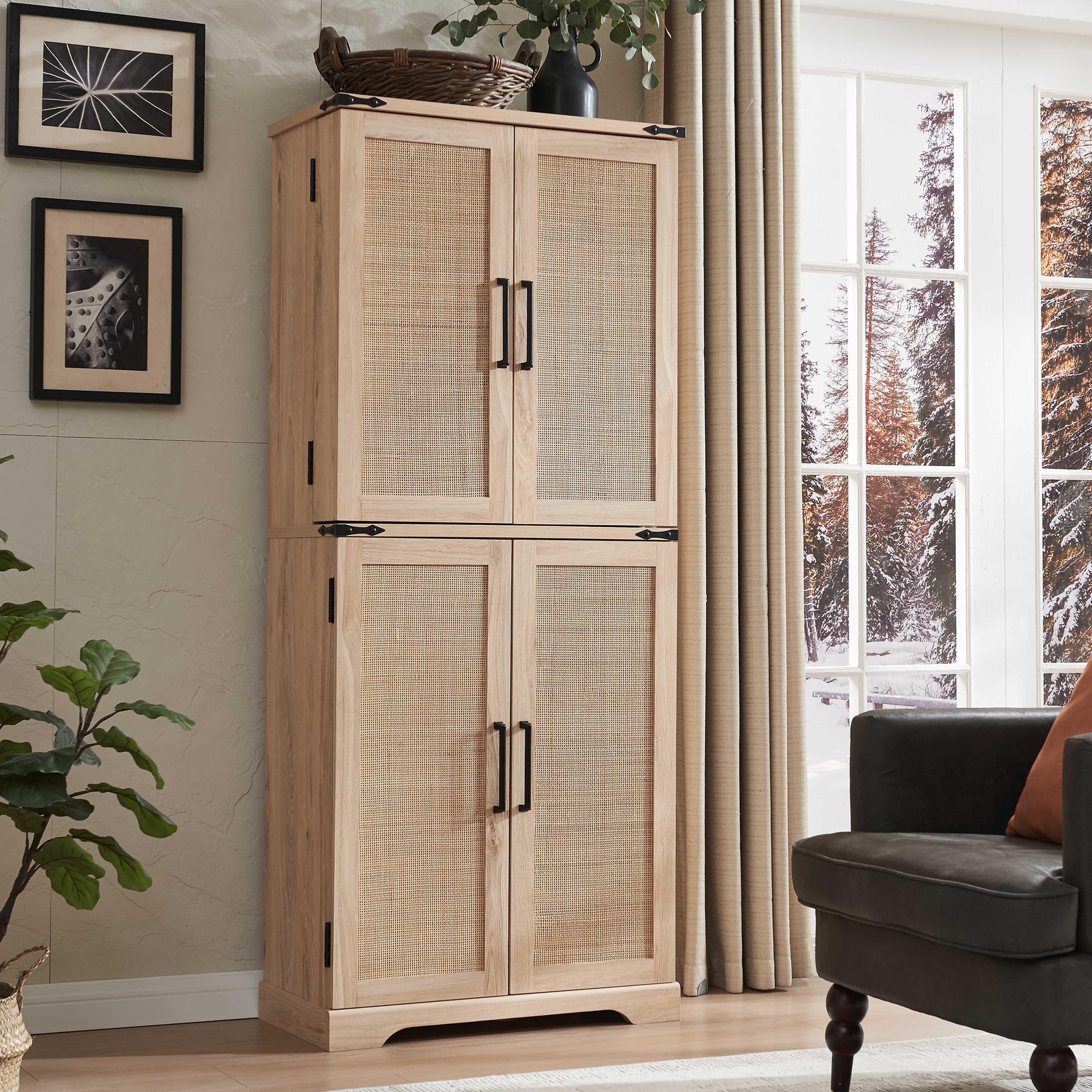 SHINEDEER Vorratsschrank Küchenbuffet mit Schublade, 6 Regalböden und 8 Türablagen (1-St., Holzwerkstoff & Natur-Rattan, Scheunen-Türen, Magnetverschluss) 76×40×183 cm, für Küche, Esszimmer, Bad oder Wäschezimmer