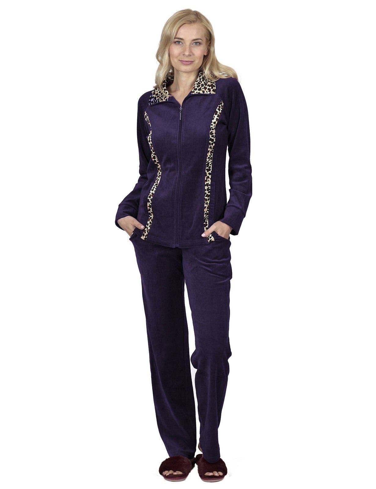 RAIKOU Hausanzug Nicki Velours Damen Hausanzug Freizeitanzug Jogginganzug (mit Reißverschluss und Leo Print, 2 tlg) weiche Baumwolle-Polyester-Gemisch