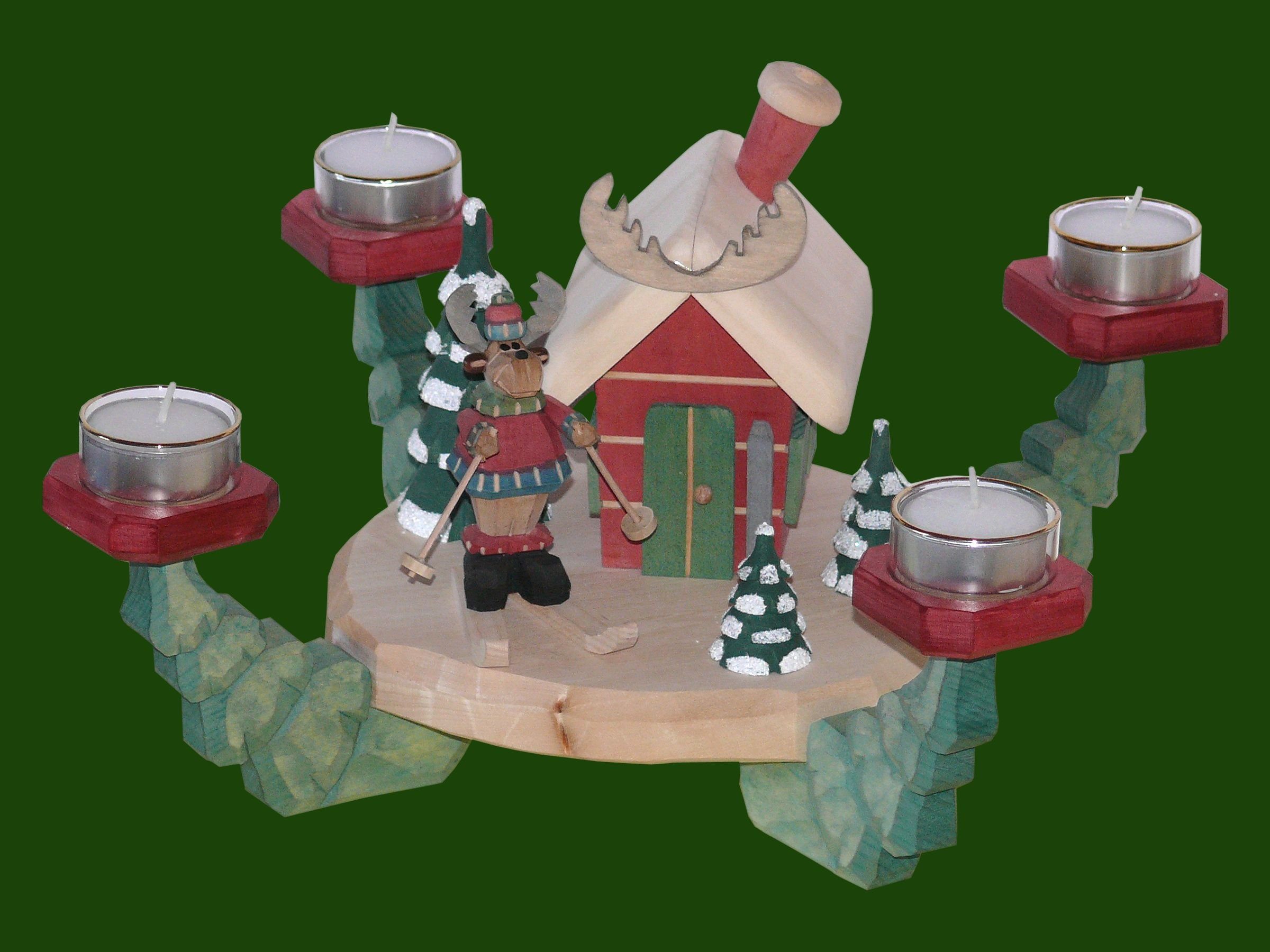 Kerzenständer Adventsleuchter Elch auf Ski an der Hütte geschnitzt mit Teelichter H
