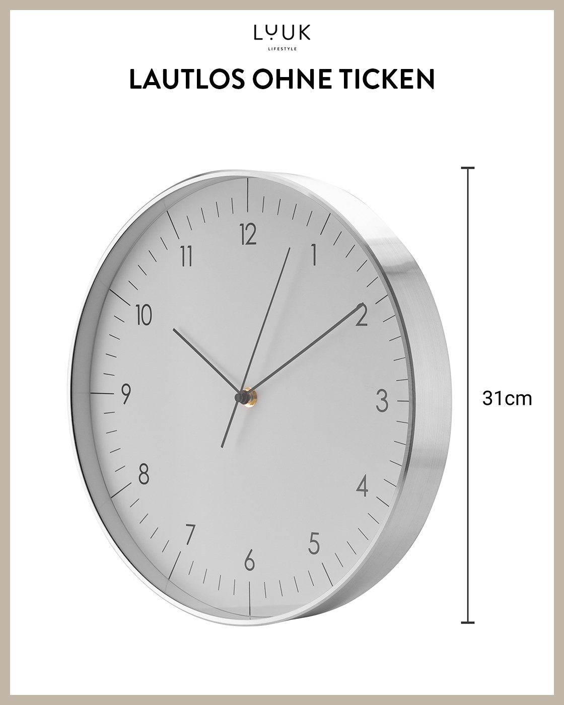 LUUK LIFESTYLE Wanduhr Helsinki (ohne Tickgeräusche, Quarzuhrwerk, große Ziffern, Sekundenzeiger)