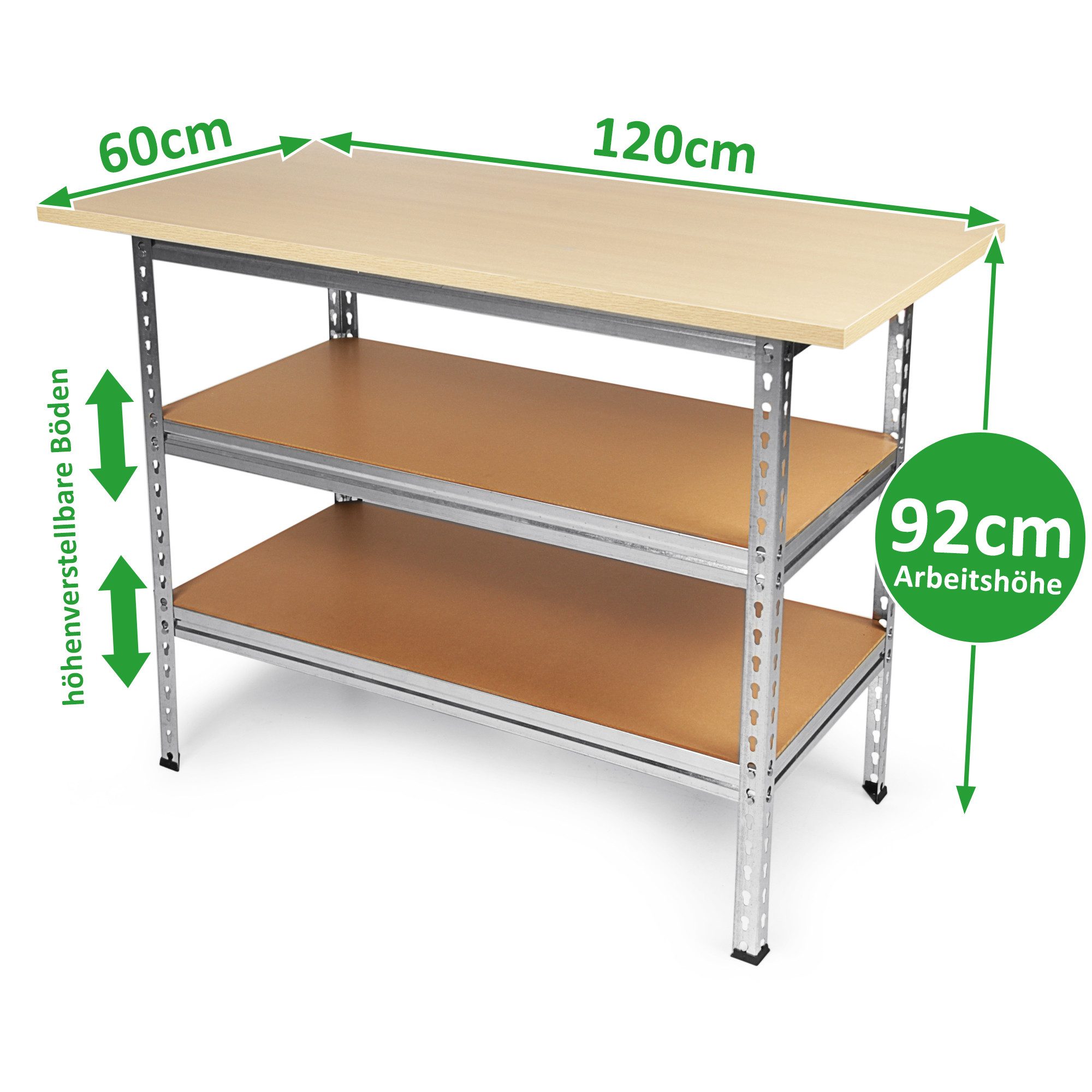 ONDIS24 Werkstatt-Set Werkbank 120x60cm mit 25mm Melaminarbeitsplatte, 2 Ablageflächen, 151cm Höhe, Set mit 3 Lochwänden & 22 Haken für Handwerker