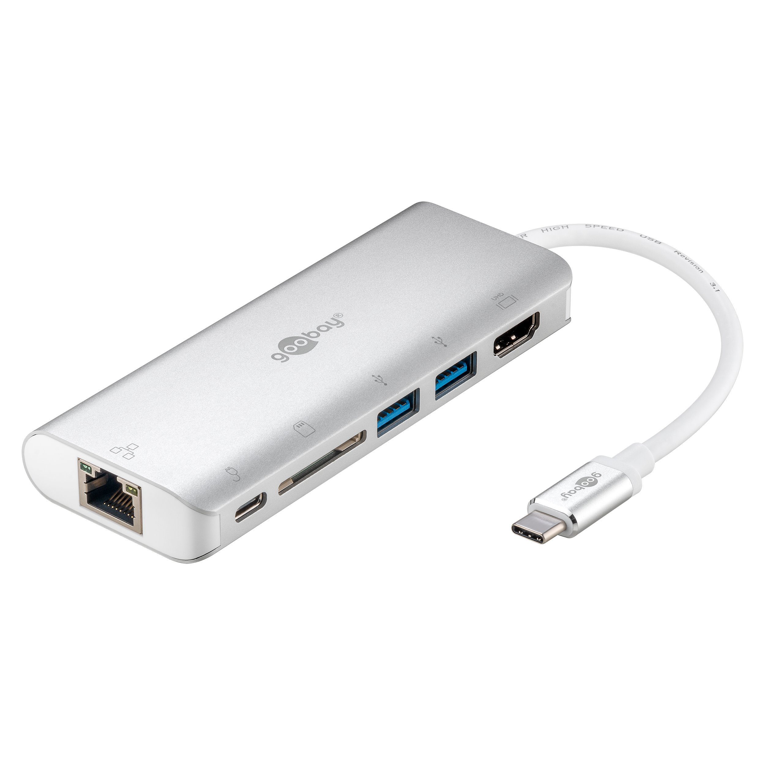 Goobay USB-Verteiler USB-C Multiport Adapter (5 Gbit/s Übertragungsrate, 4K @ 60 Hz), Anschlüsse 1x USB-C / 2x USB-A / 1x HDMI / 1x RJ45 / 1x SD Card Reader