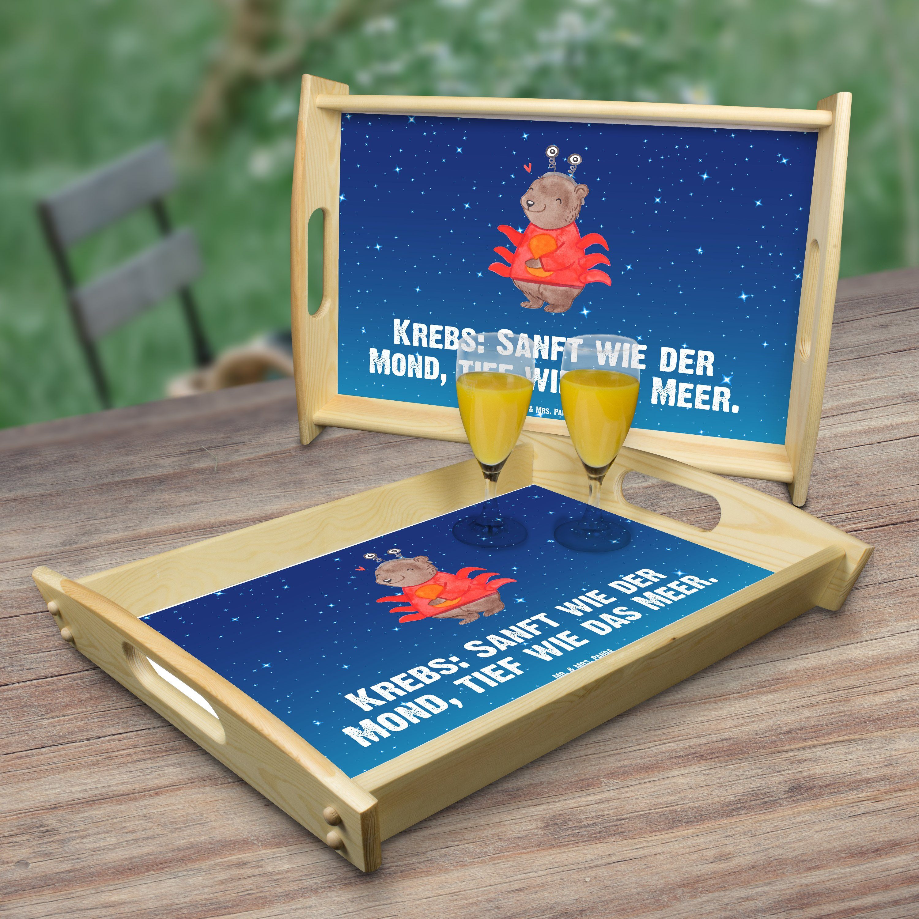 Mr. & Mrs. Astrologie Geschenk, lasiert, (1-tlg) Frühstückstablett, - - Echtholz Tablett Panda Blau Sternenhimmel Krebs