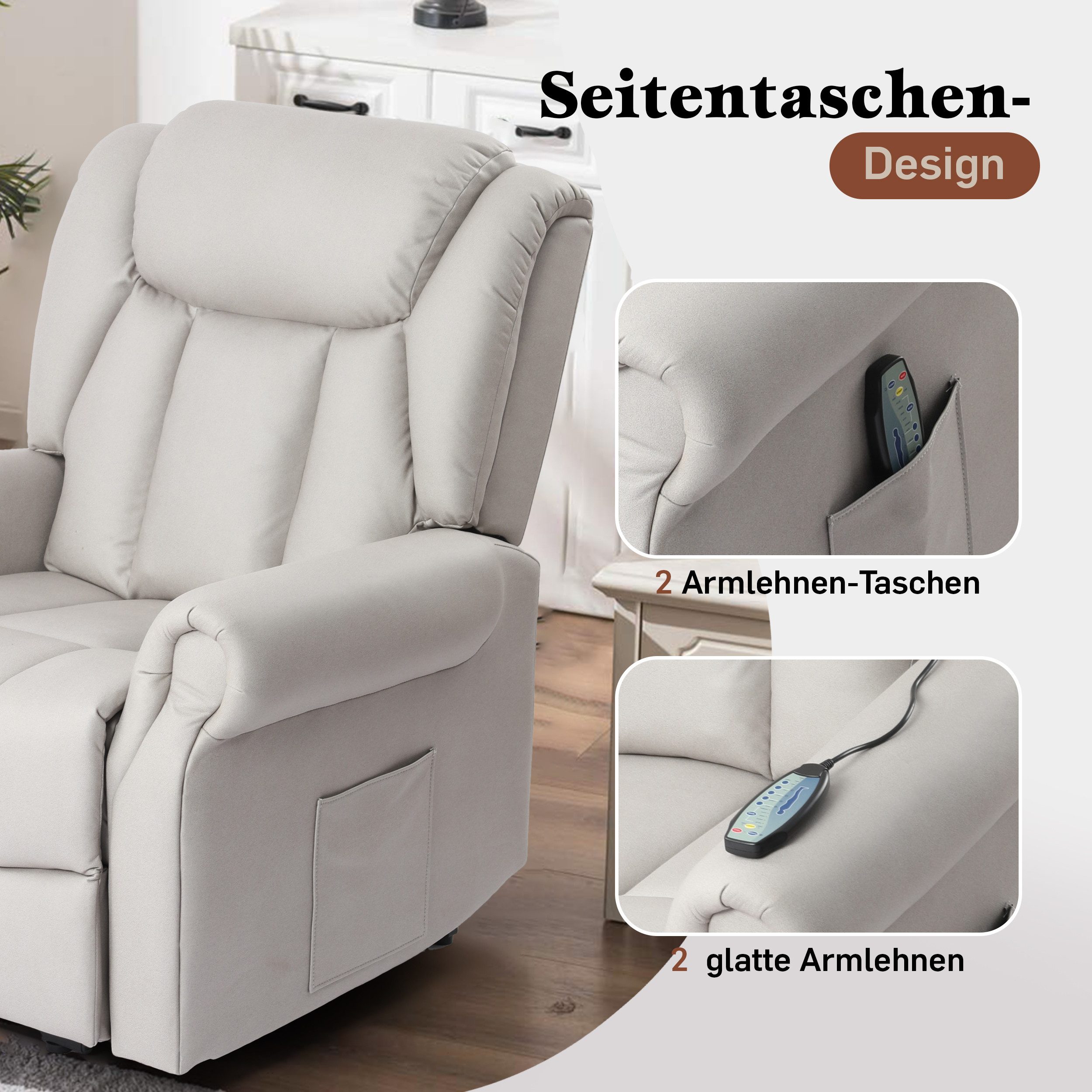 Vankel Relaxsessel Elektrischer Relaxsessel mit Massage- und Heizfunktion, Stufenlos verstellbar, bis 200 kg belastbar, mit Seitentasche