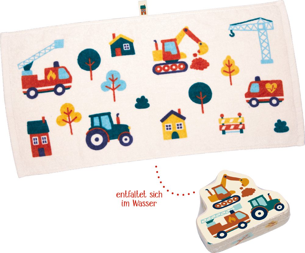 COPPENRATH DIE SPIEGELBURG Gästehandtuch Zauberhandtuch „Fahrzeuge – Baumwoll-Handtuch zum Entfalten, (Set, 1-St), 100 % Baumwolle