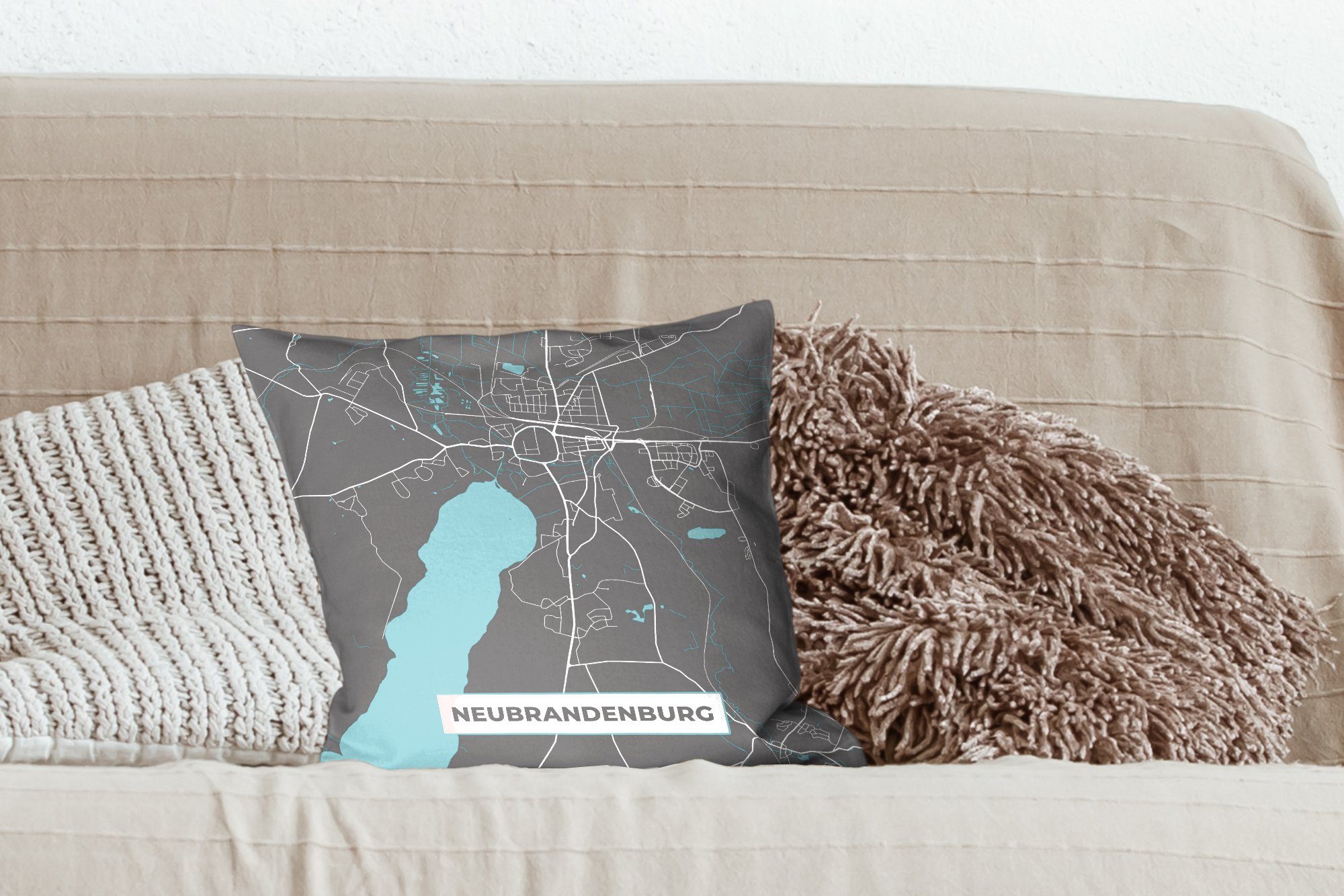 MuchoWow Dekokissen Blau - Deutschland Sofakissen Deko, Füllung Zierkissen - mit Schlafzimmer, Neubrandenburg, - Stadtplan - Karte Wohzimmer, für