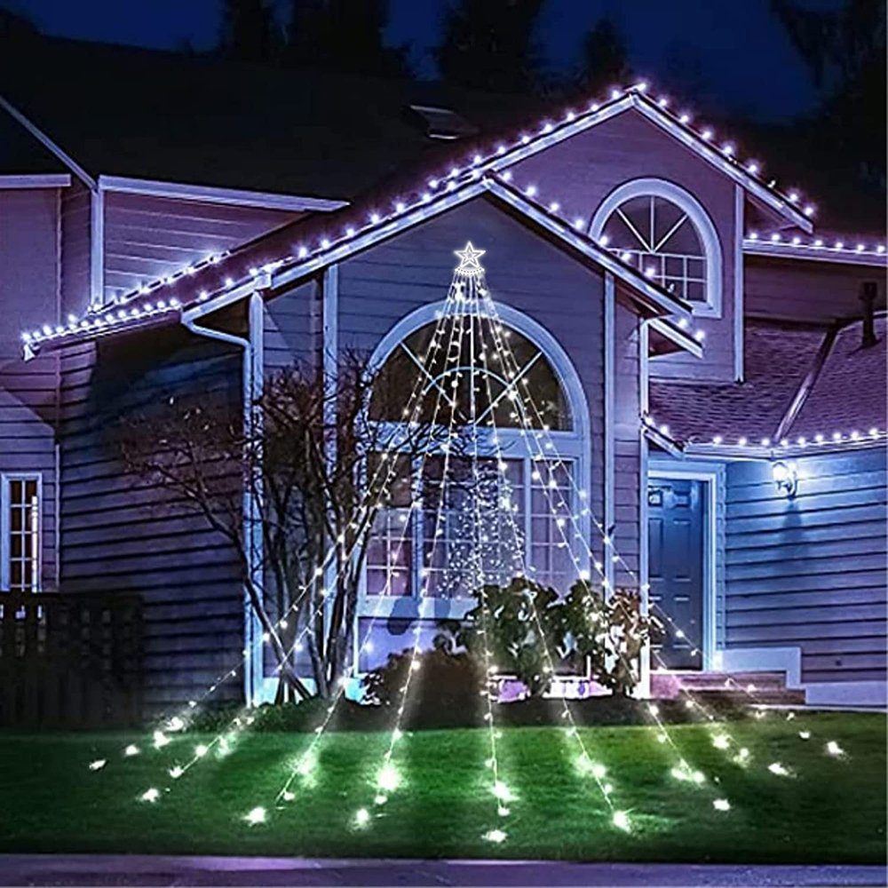 Sunicol LED-Baummantel 3.4M Stern Beleuchtung,Außen -mit 31V Weiß LED Wasserfall Weihnachtsbaum 350 Energiesparen, Garten, wasserdicht 8 Modi, Party