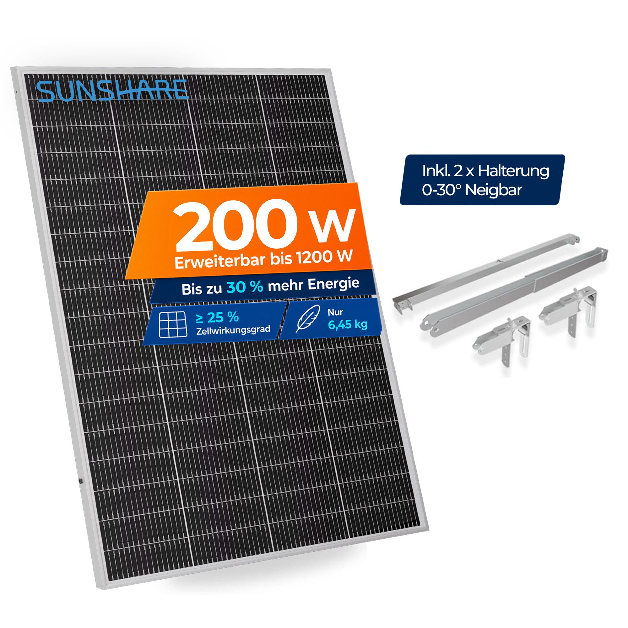 Sunshare Solarmodul Ray Lite 200W PV-Modul mit universeller Balkonhalterung, 200 W, Monokristallin N‑Typ TOPCon, Kompaktes 200‑W‑Modul mit TOPCon‑Zellen für hohe Effizienz