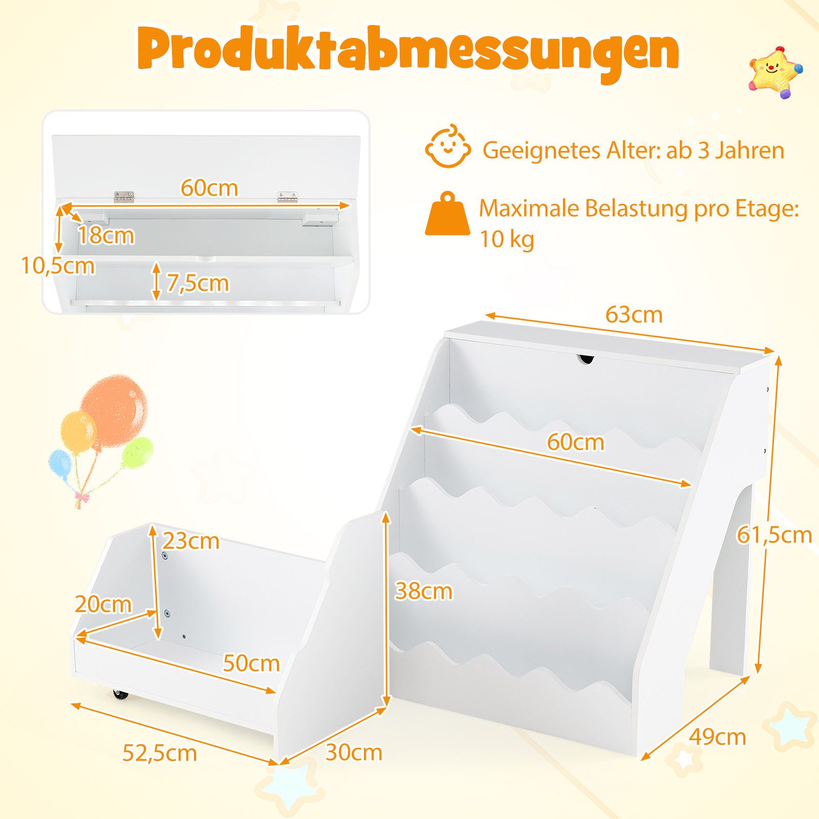 COSTWAY Kinderregal, 4 stufiges Kinderregal, mit mobiler Aufbewahrungswagen