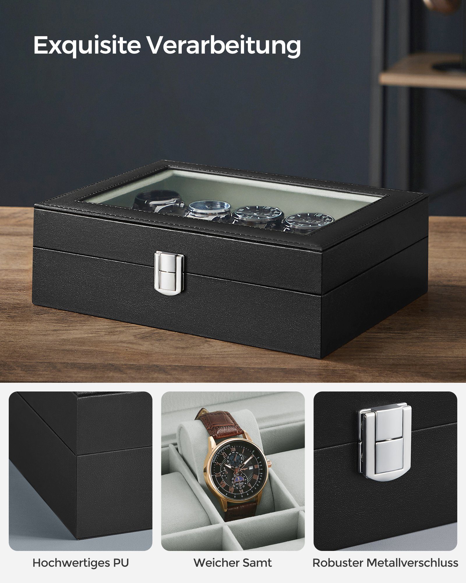 SONGMICS Uhrenbox Uhrenkasten, herausnehmbare Uhrenkissen, Geschenkidee,25,5x20,2x7,8 cm, mit 10 Fächern, Glasdeckel, Uhrenkoffer, Samtfutter in Grüngrau