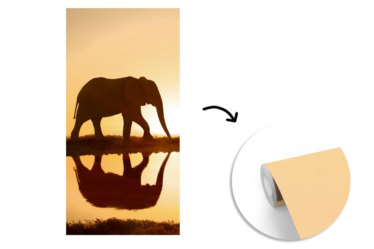 MuchoWow Fototapete Silhouette eines Vliestapete St), Fototapete bei Küche, Wohnzimmer (2 Matt, Schlafzimmer bedruckt, für Elefanten Sonnenuntergang
