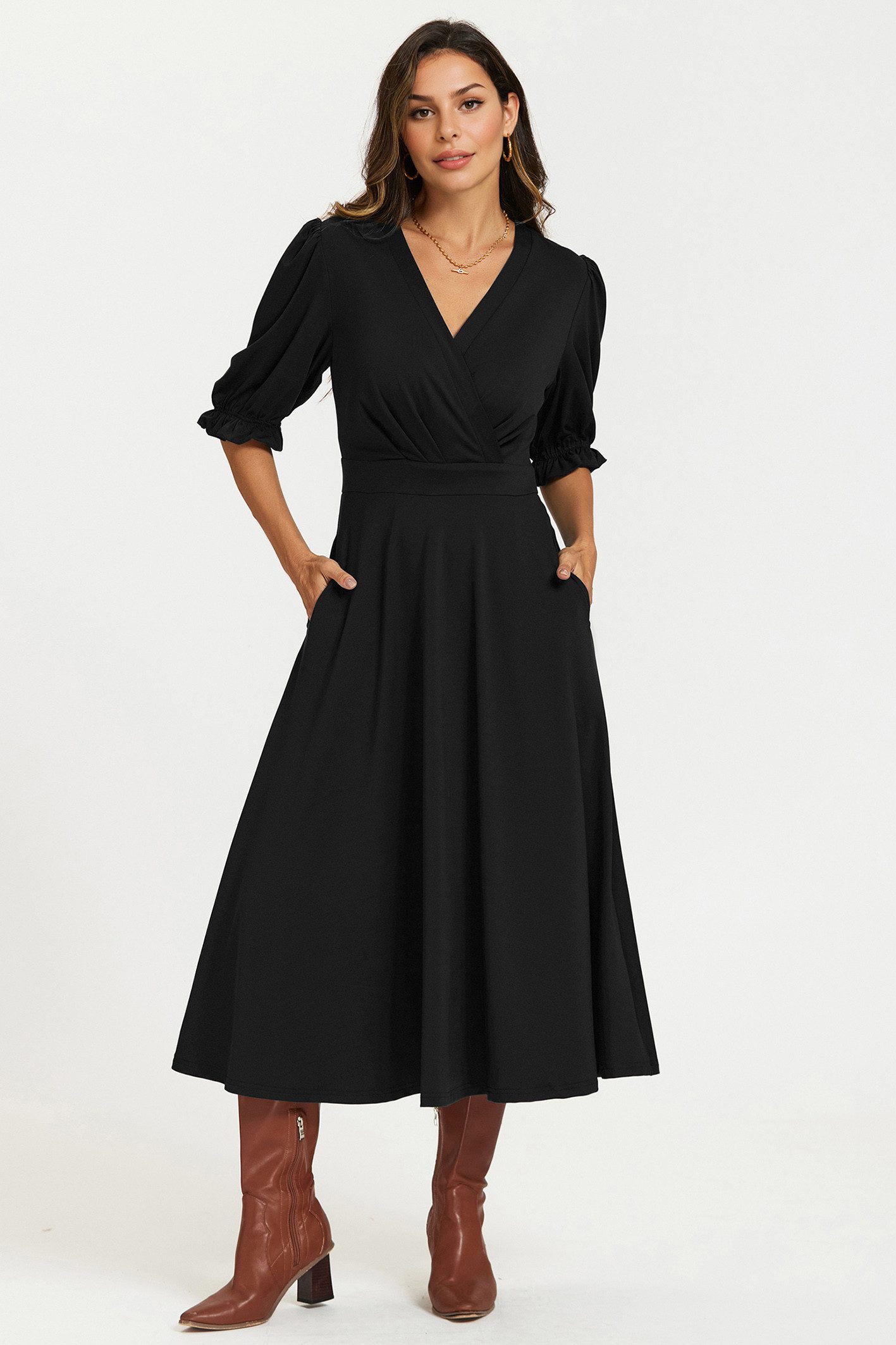 FS Collection Wickelkleid Midikleid Wickeloptik Sommerkleid mit Puffärmeln und V-Ausschnitt (Größen: XS (EU:36 / UK:8) · S (EU:38 / UK:10) · M (EU:40 / UK:12) · L (EU:42 / UK:14) · XL (EU:44 / UK:16), 2 Farben: Schwarz und Marineblau) Wickeloptik, geraffte Taille, Seitentaschen, fließender Rock