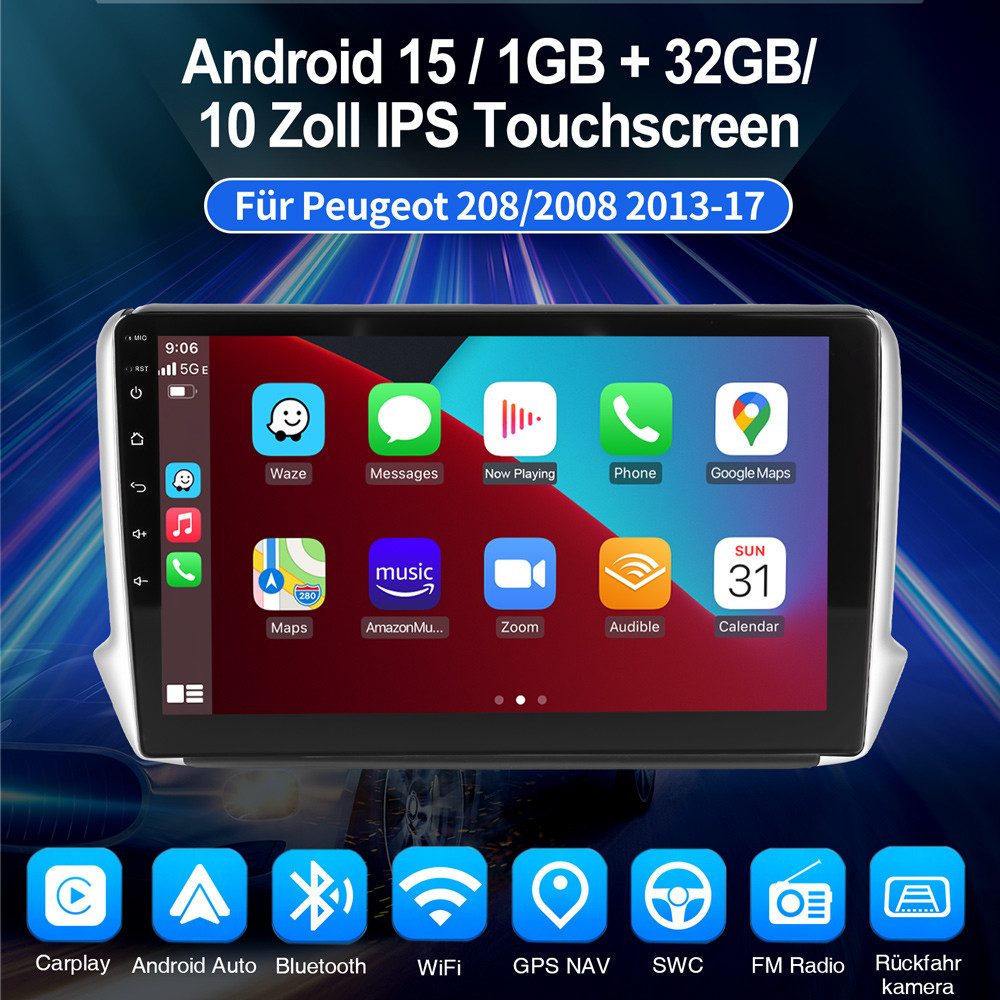 ESSGOO 10.1" Für Peugeot 208/2008 2012-2018 Autoradio Android 15 Autoradio (RDS, Digitalradio (DAB), FM, AM, Apple Carplay Android Auto NAVI SWC BT EQ)
