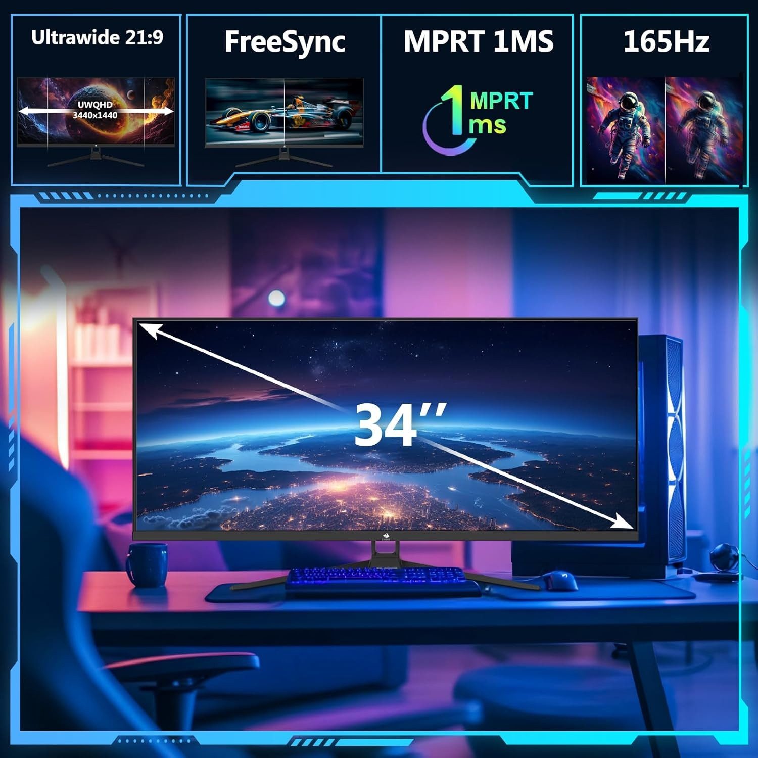 Z-EDGE 34" 165Hz Ultrawide UWQHD 3440x1440 21:9 IPS Gaming-Monitor (3440x1440 px, WQHD, 1 ms Reaktionszeit, 165 Hz, IPS)