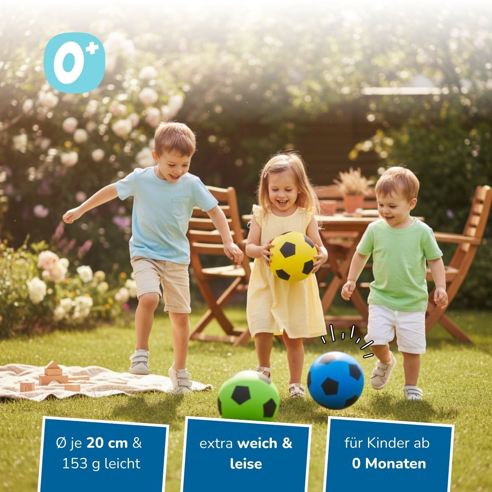 alldoro Softball Schaumstoff-Ball 3er-Set Ø 20 cm, weiche Soft-Fußbälle für Kinder ab 0, Sichere Kinderbälle in gelb, grün & blau für drinnen & draußen