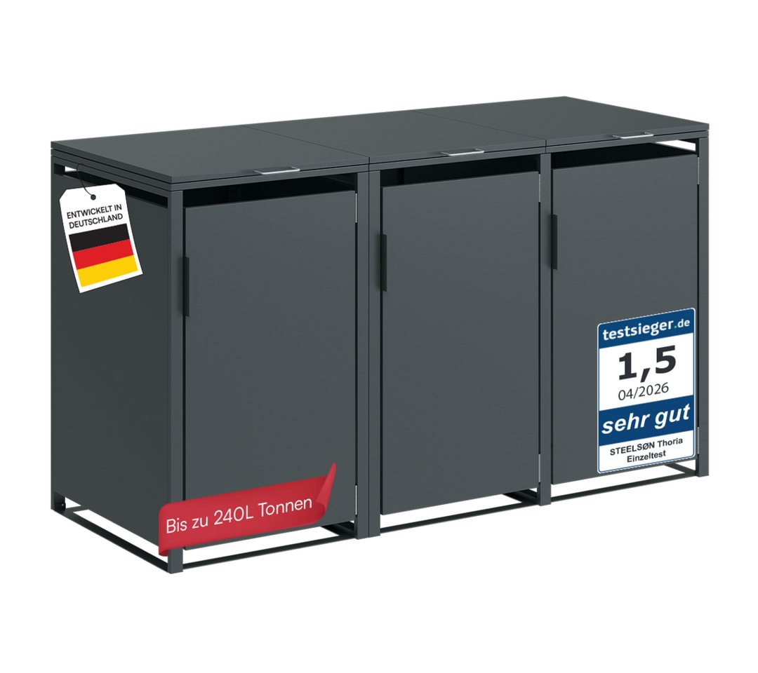 STEELSØN Mülltonnenbox Thoria 240 L aus verzinktem Stahl, Mülltonnenverkleidung (Anthrazit, verfügbar mit 1, 2, 3, 4, oder 5 Türen), Für 3 Tonnen