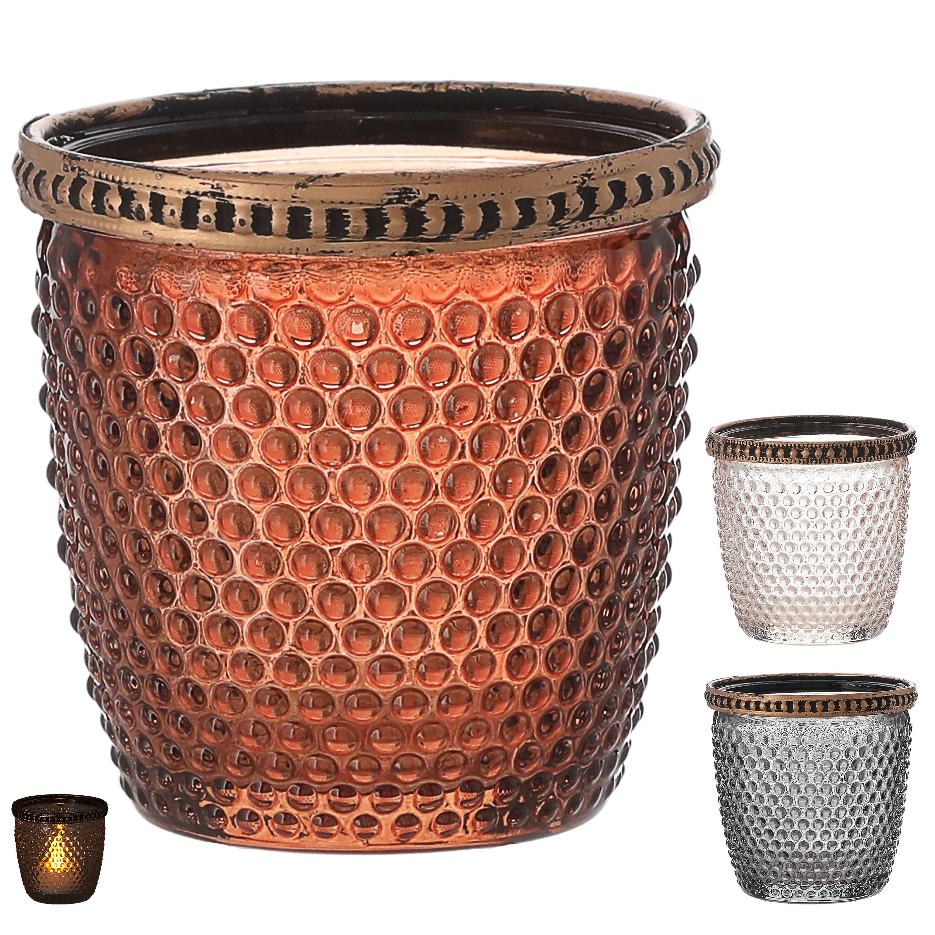 Windlicht Windlicht 3er Set Glas Metall Ø7,5cm grau braun rosé Teelichthalter
