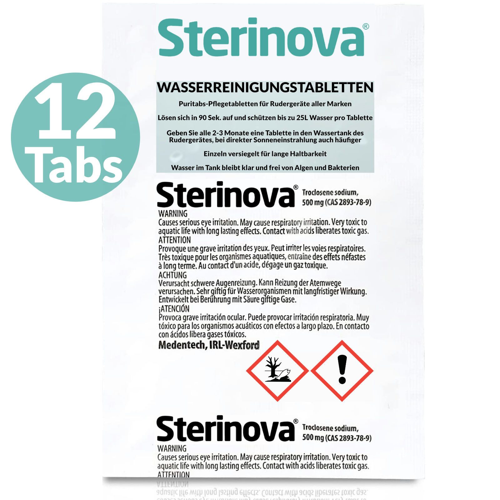 JB White Chlortabletten JB White Puritabs Sterinova 12x Rudergerät Wasser Tabletten je 25L, Für Waterrower, tötet Bakterien und Algen, entkeimt Trinkwasser