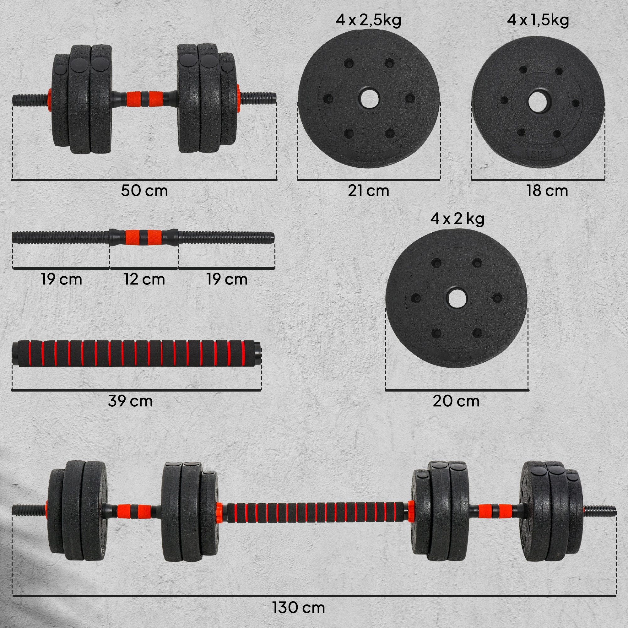 HOMCOM Hantel-Set 25 kg professionell Dumbbell Krafttraining und Gewichtheben, (Gewichthebensset, Krafttrainingsset), Schwarz Metall, HDPE, Sand
