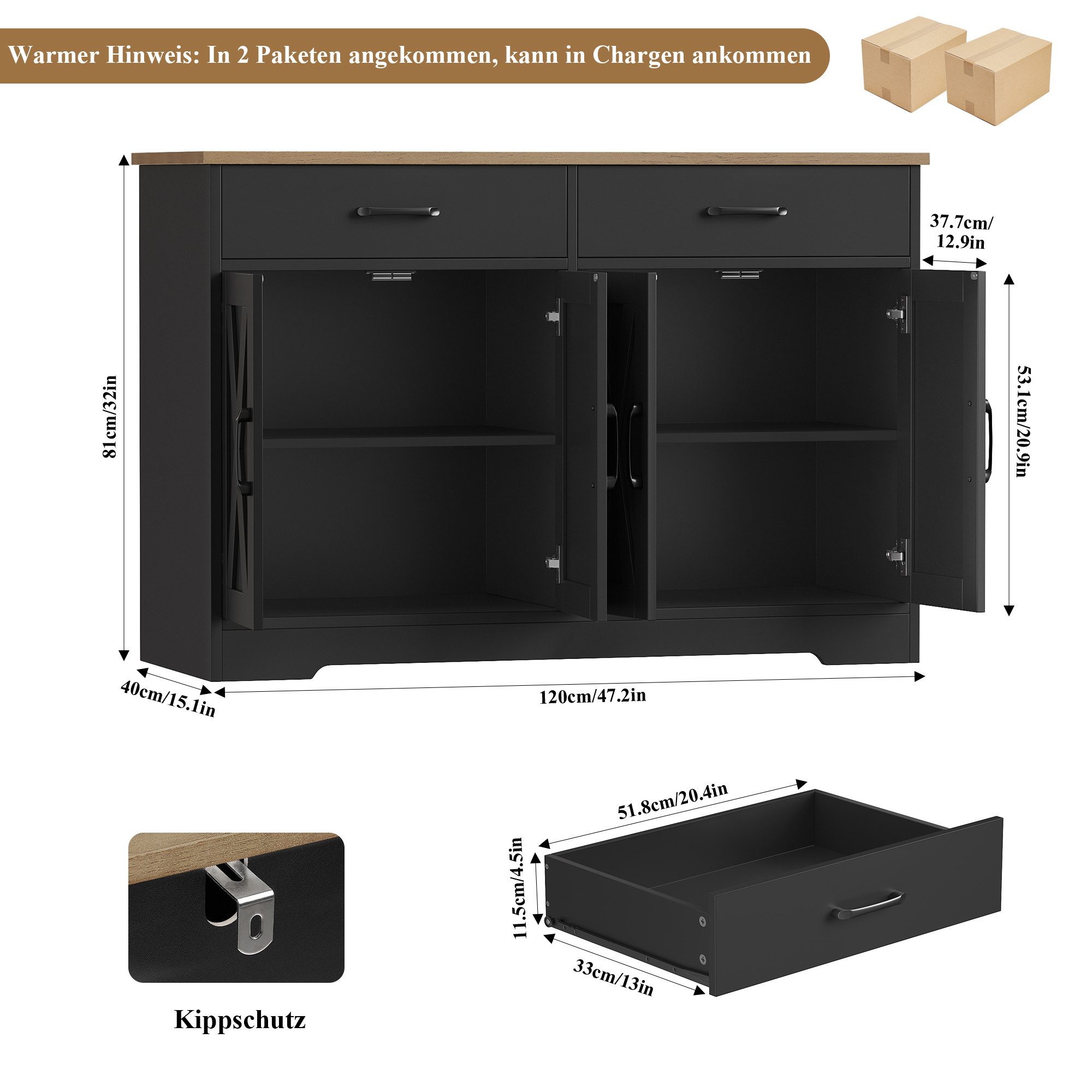 HOMECHO Buffet 120cm Breit Küchenschrank mit Arbeitsplatten, 2 Schubladen, günstig online kaufen