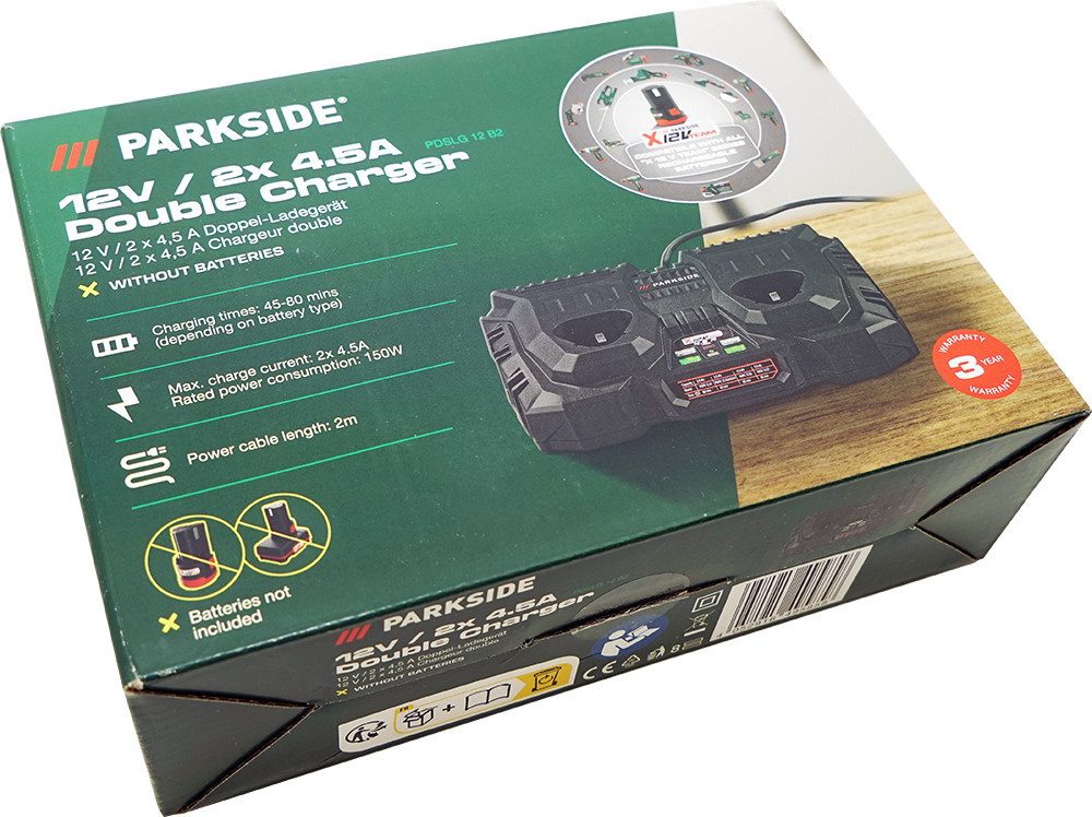 Parkside 2x 12V 4Ah Akku + 1x Doppel Ladegerät PDSLG 12 - X12V Serie Batterie-Ladegerät (Gleichzeitiges Laden beider Akkus)