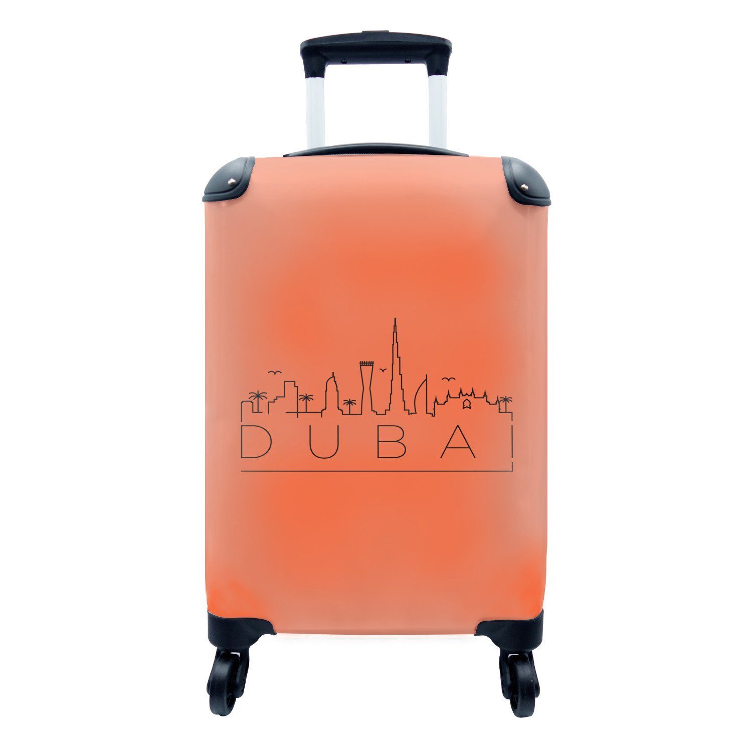 MuchoWow Handgepäckkoffer Skyline "Dubai" orange, 4 Rollen, Reisetasche mit rollen, Handgepäck für Ferien, Trolley, Reisekoffer
